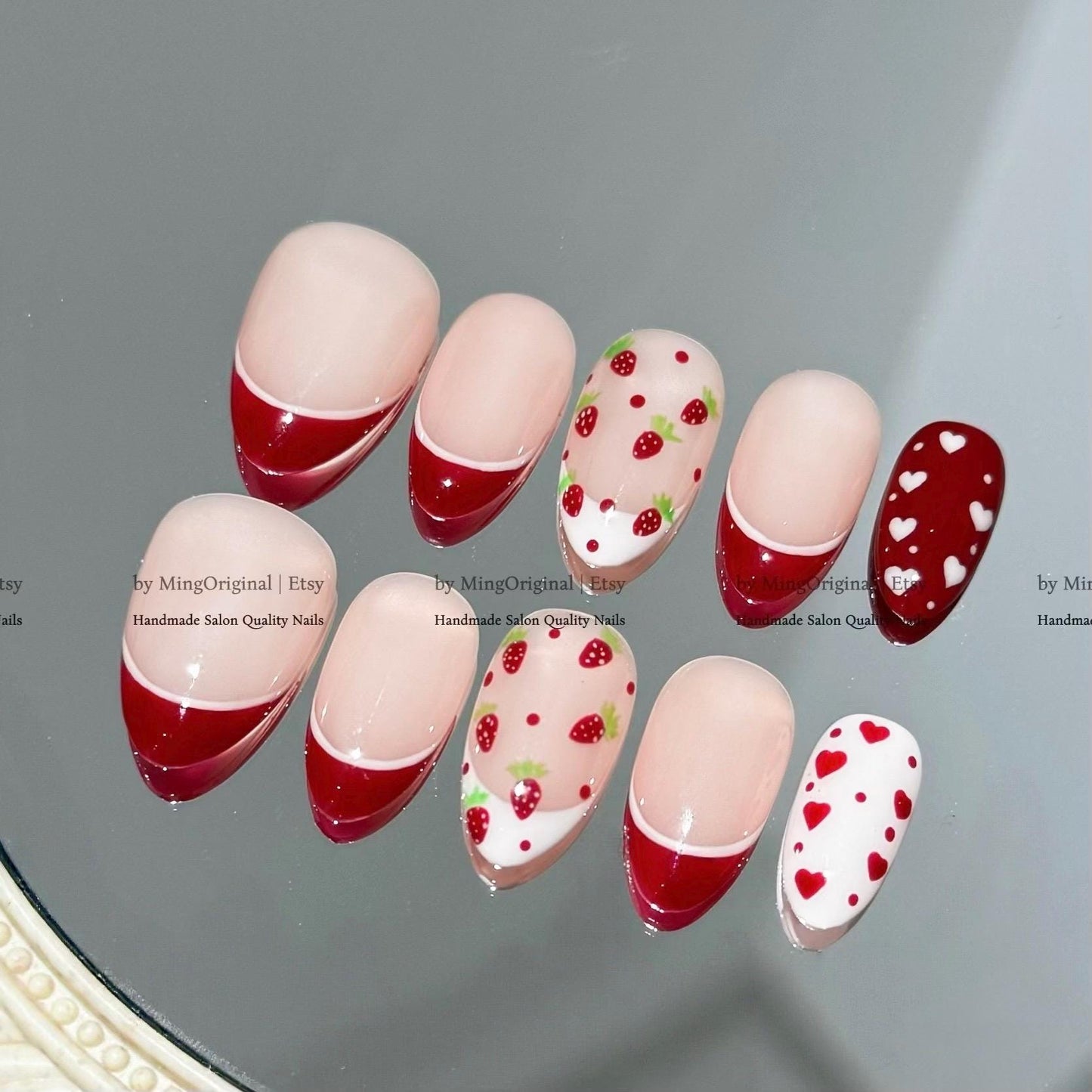 Valentine bow coquette French Tip Nail , handpainted glitter heart press on nails, Gifts for Her