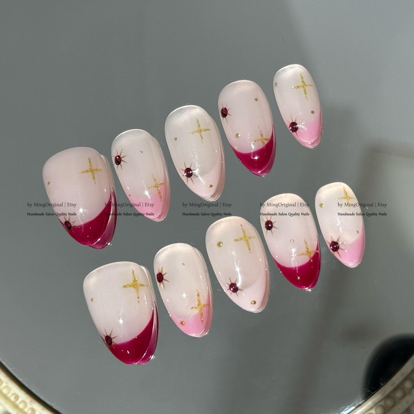 Y2K Pink French Tip Press On Nails, Celestial Gold Star Art Nails, Mystic Starry Night Luxury Fake Nails, MO810