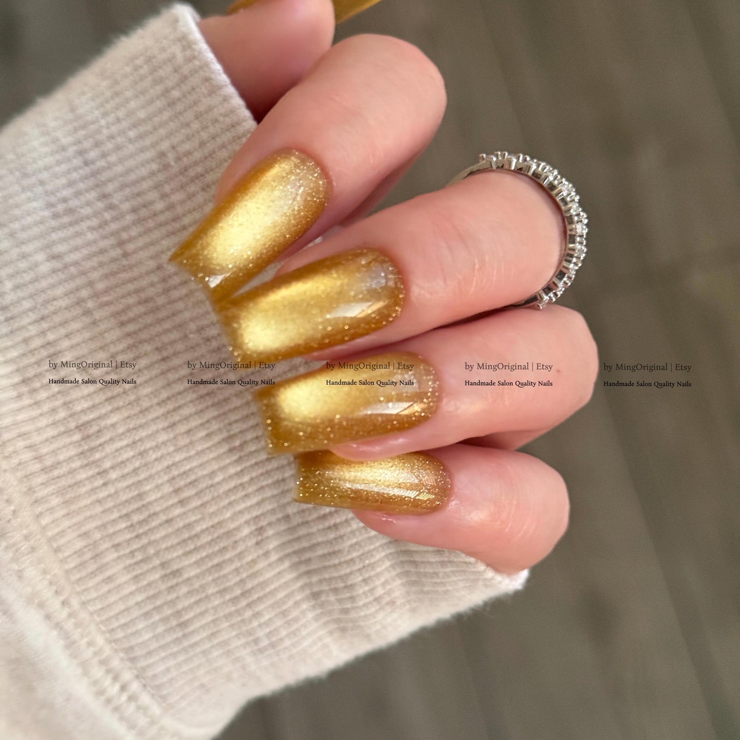 Gold Cat Eye Press-On Nails, Pink, Old Money Style, Rich Girl Vibe, Glue on Cat Eye Nails, Yellow Nails, Reusable Nails, MO845