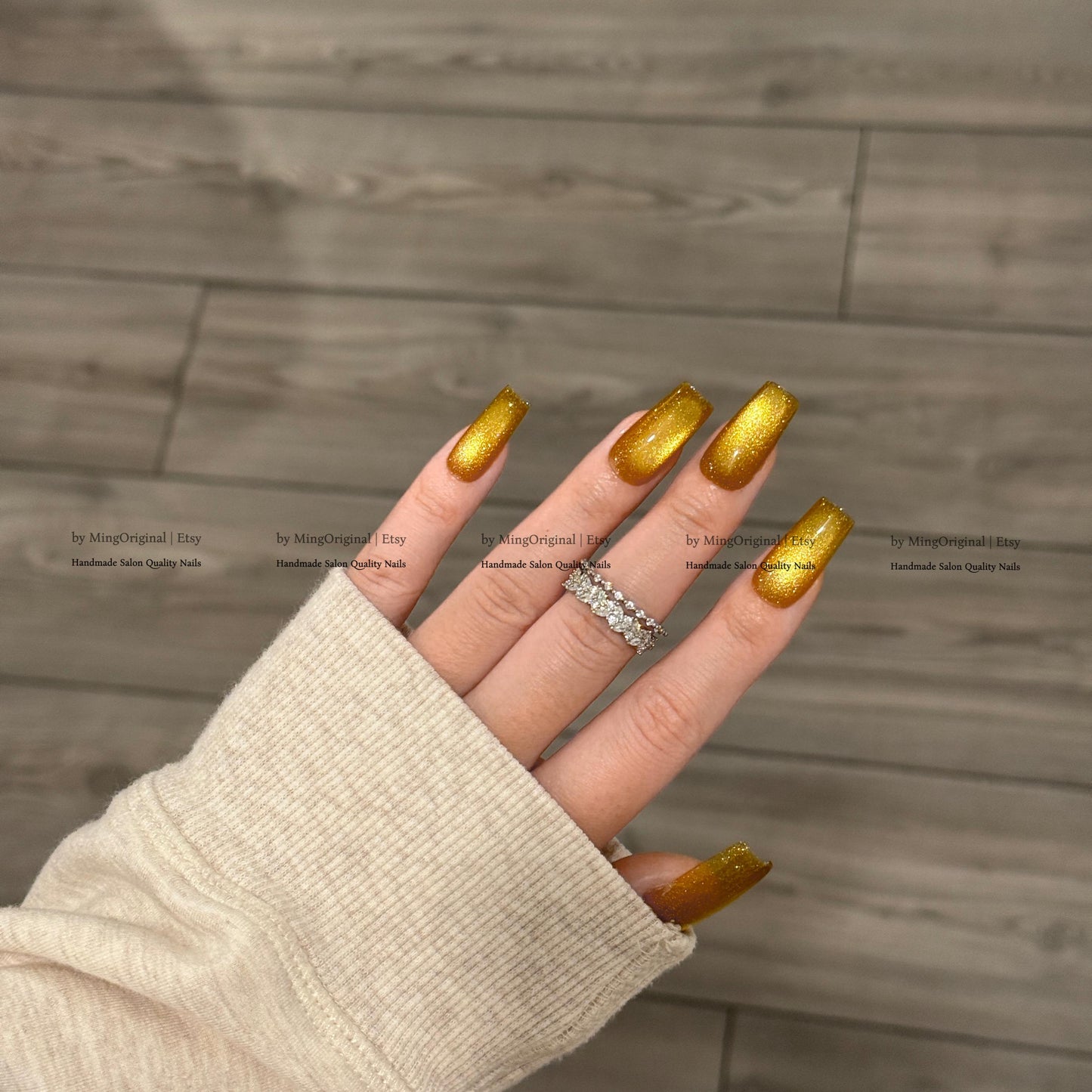 Gold Cat Eye Press-On Nails, Pink, Old Money Style, Rich Girl Vibe, Glue on Cat Eye Nails, Yellow Nails, Reusable Nails, MO845