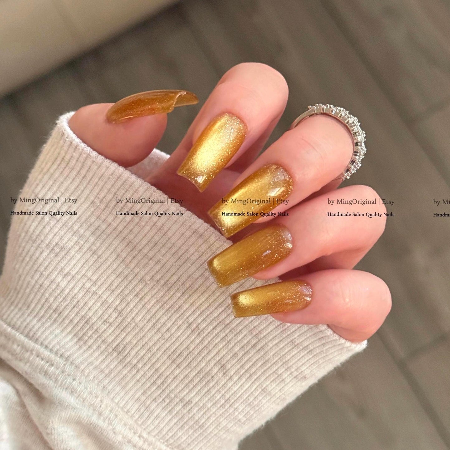 Gold Cat Eye Press-On Nails, Pink, Old Money Style, Rich Girl Vibe, Glue on Cat Eye Nails, Yellow Nails, Reusable Nails, MO845