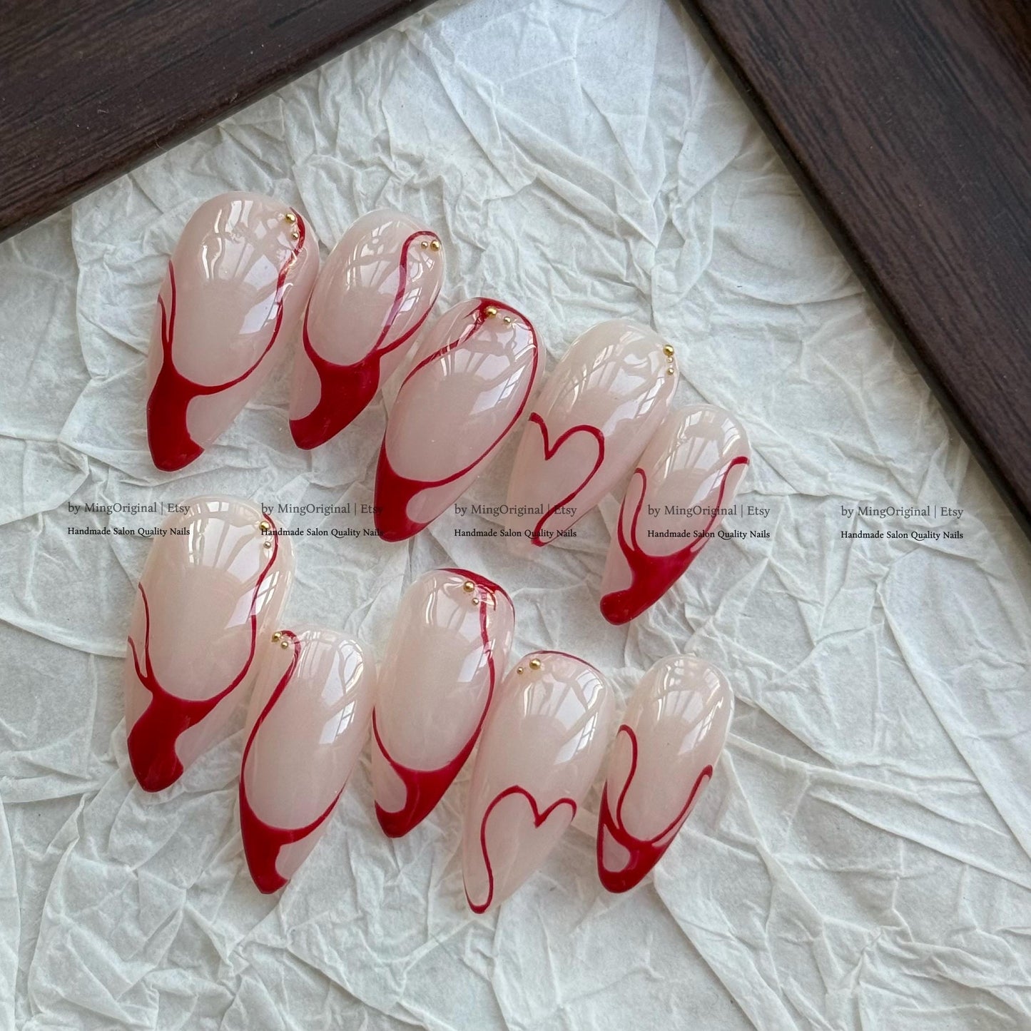 Red Heart Press On Nails, Valentine's Day Nails, Abstract Swirl Fake Nails, Handmade False Nails, Romantic Red French Tip, MO846