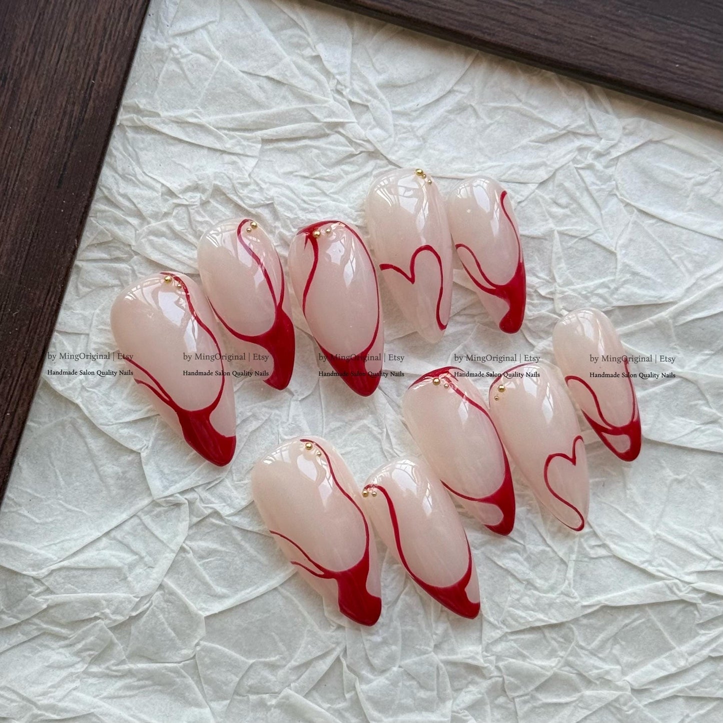 Red Heart Press On Nails, Valentine's Day Nails, Abstract Swirl Fake Nails, Handmade False Nails, Romantic Red French Tip, MO846
