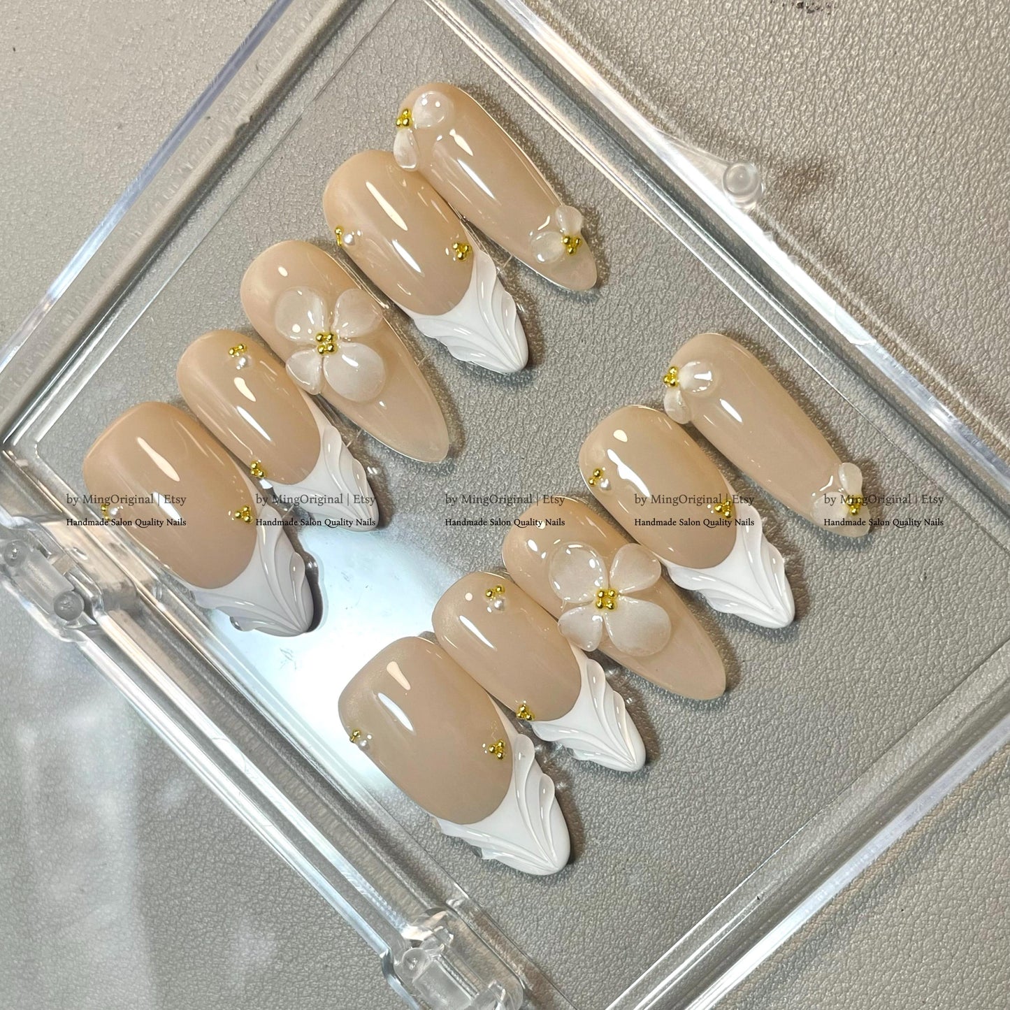 3D White French Tip Press On Nails, Elegant Bridal Wedding Nails, Nude & White Flower Fake Nails, Luxury Coquette Pearl Nails, MO812