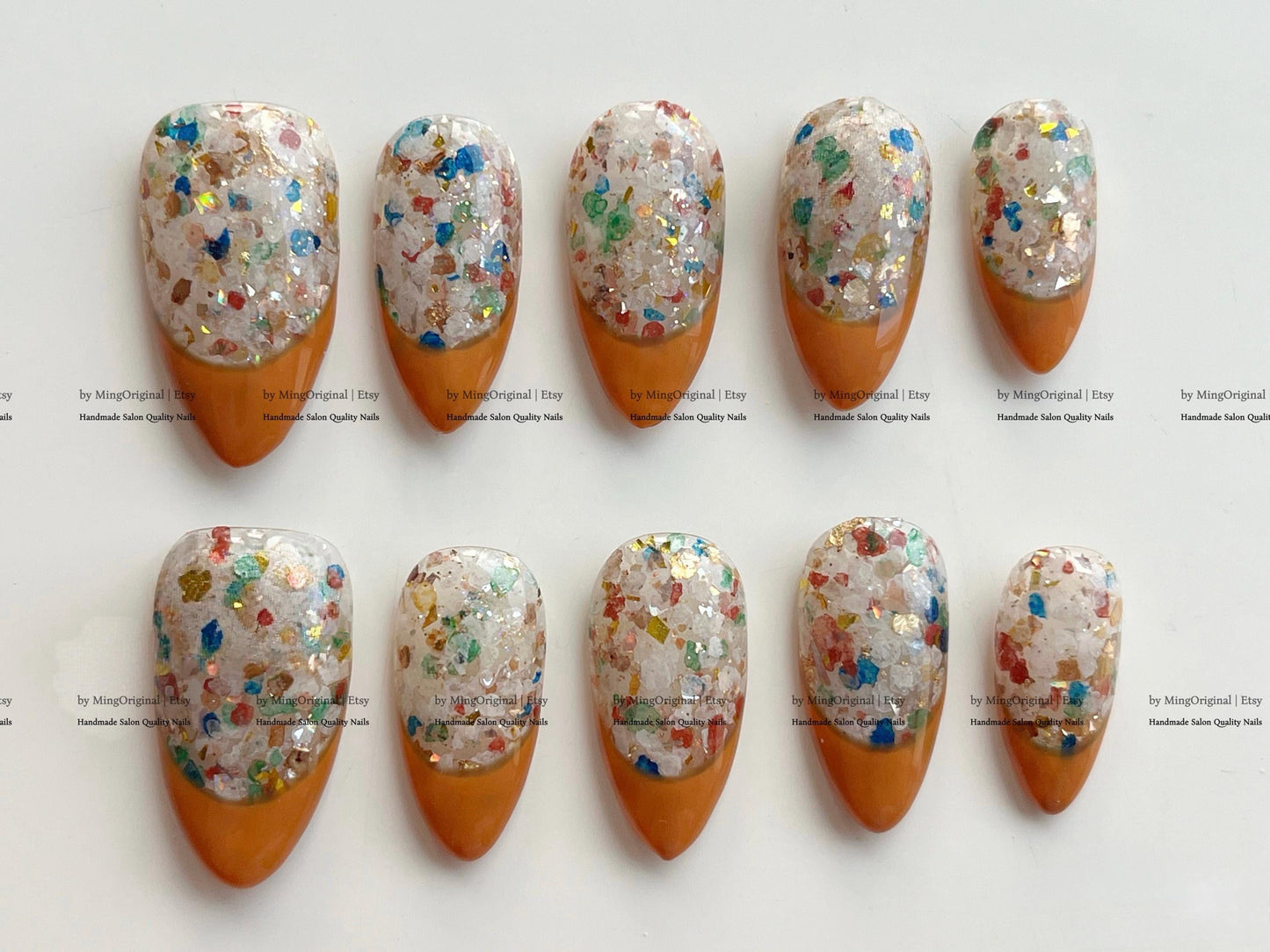 French Tip Collection| orange tip gold bejeweled gemstone style premium Press on Nails, glittery fake nails, gift for her,MO266