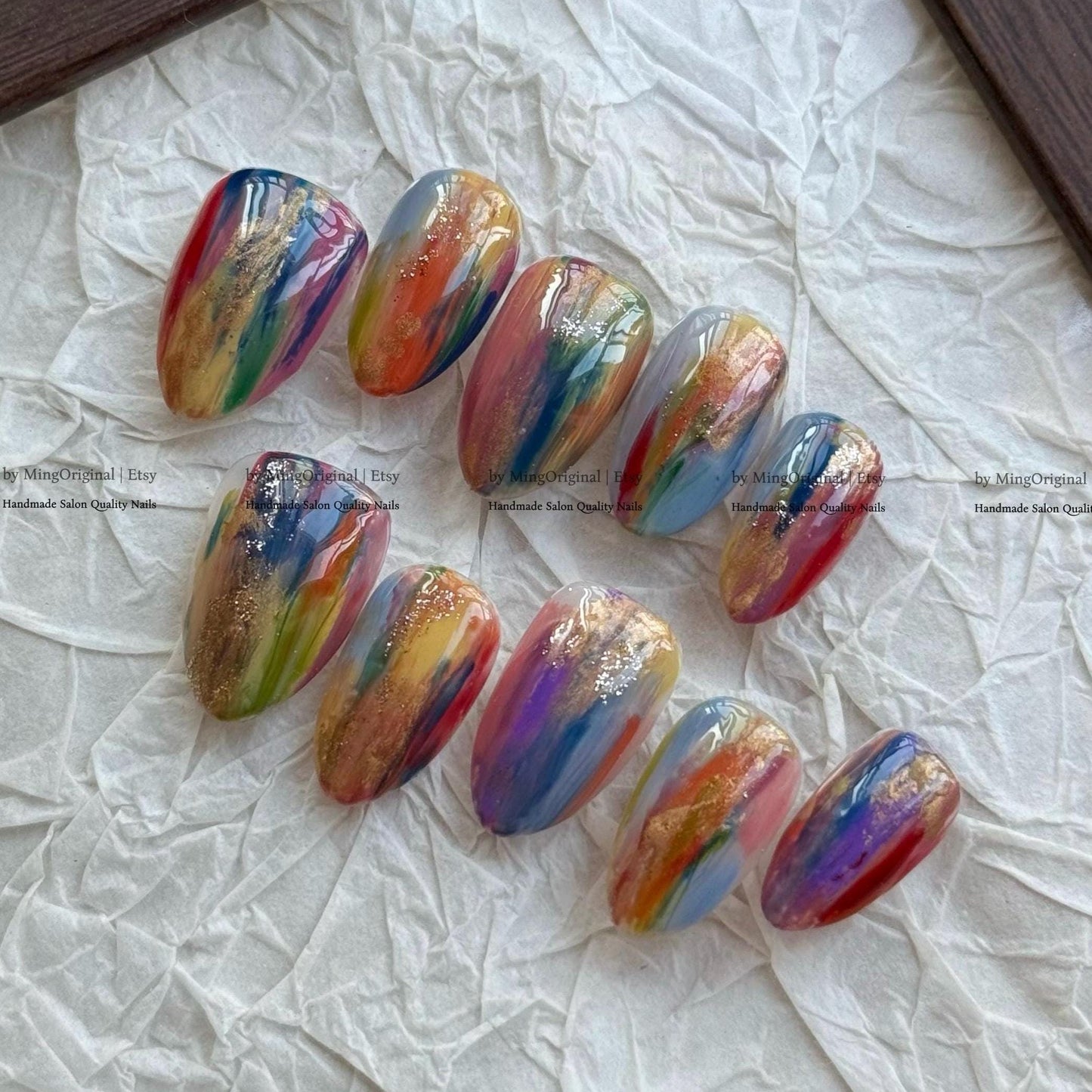Artistic Press On Nails, Colorful Oil Paint Design, Gold Foil Accents, Handmade Luxury Nails Abstract Design, Bold Vibrant Art, MO847