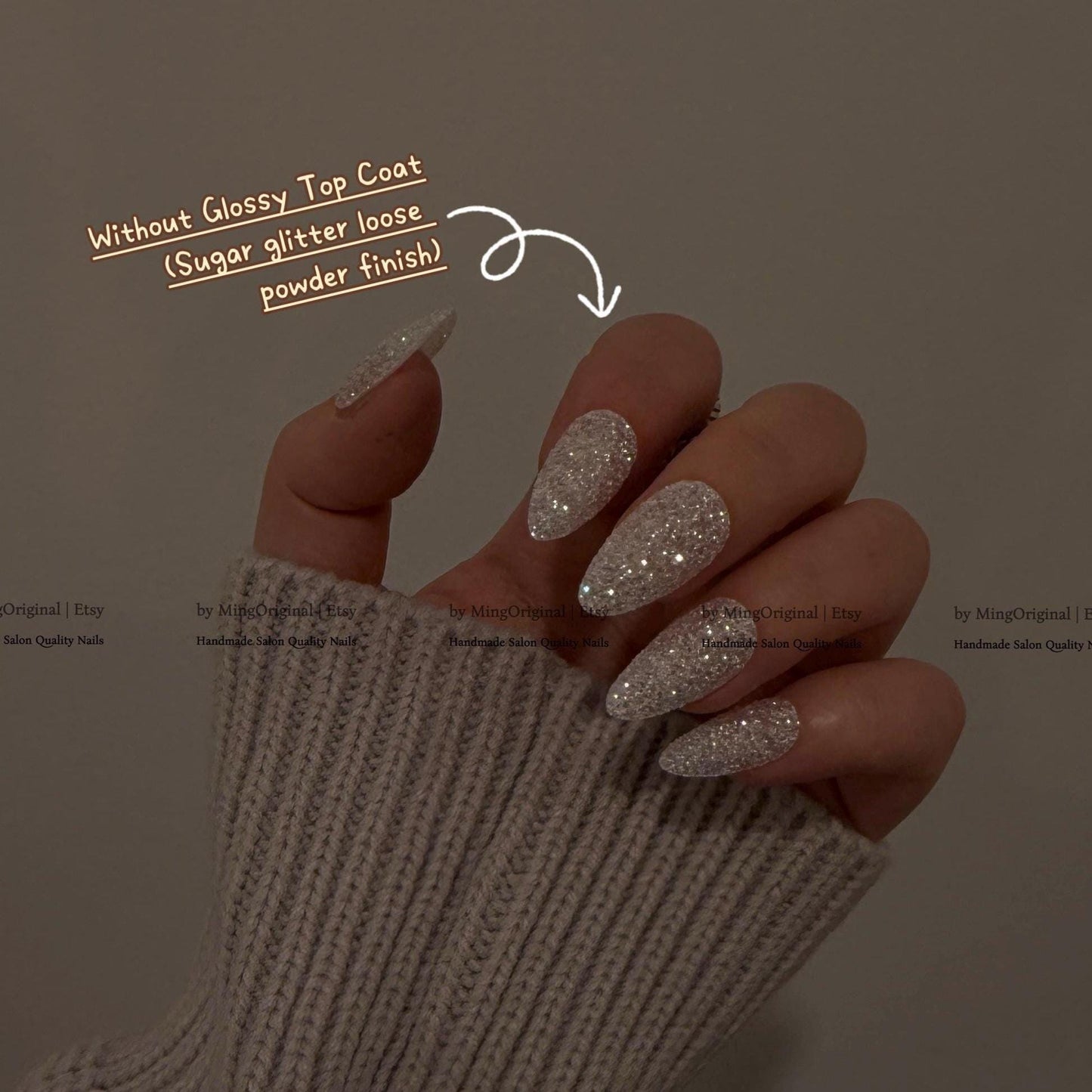 Silver White holographic Sugar Glitter Press on Nails, Rainbow glitter nail, Sparkly nails for party, Glossy or Matte, MO813
