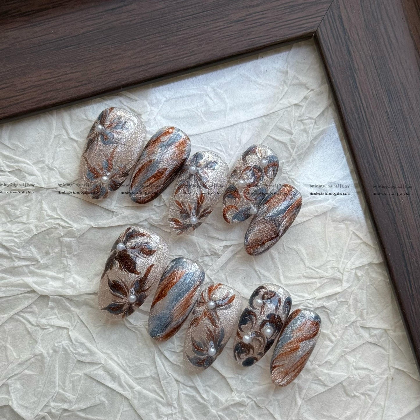 Pearl Floral Magnetic Gel Press On Nails, Brown & Silver Velvet Marble Design, Art Nail Design, MO814