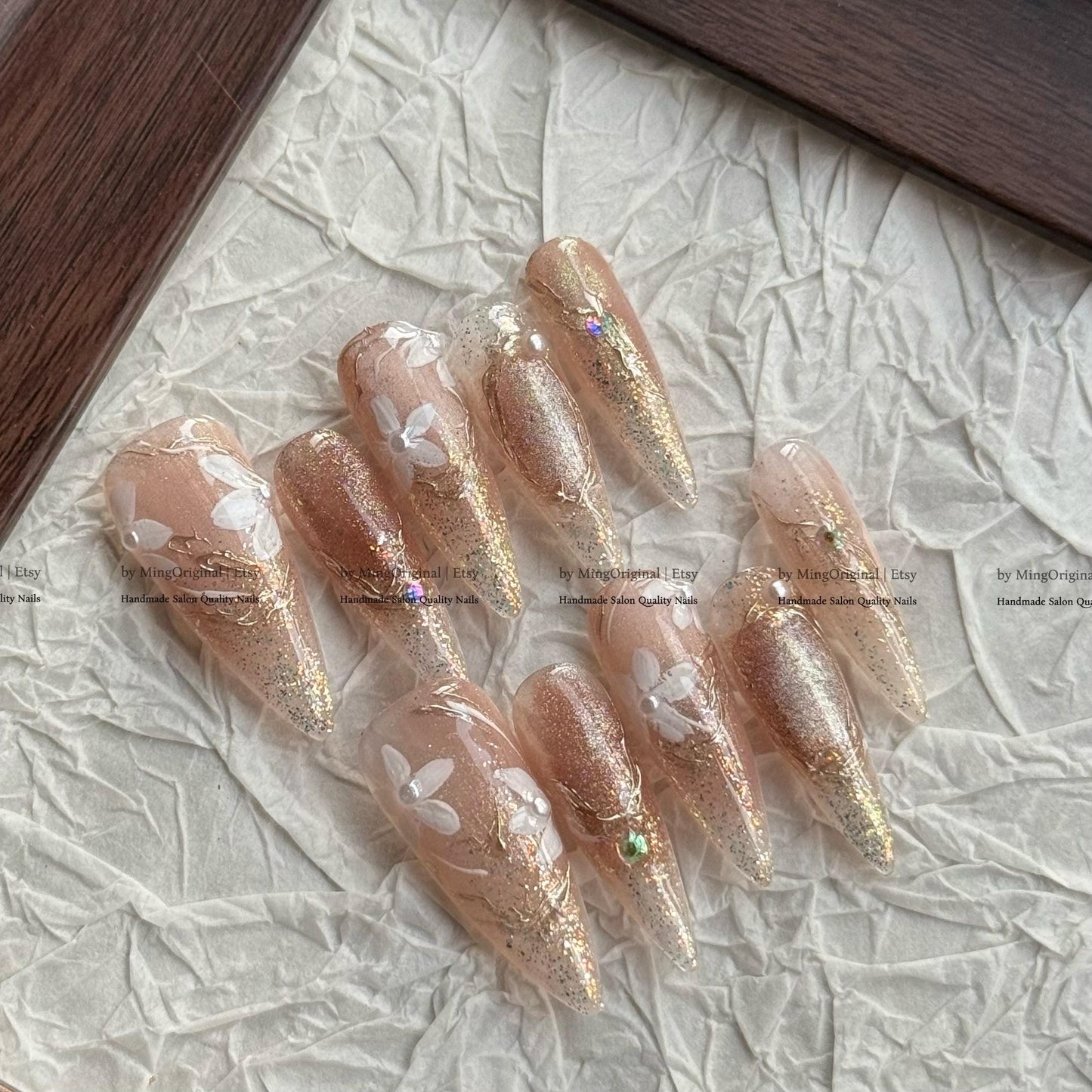 Handmade Peach Glitter Press On Nails, 3D White Floral Design, Gold Wire Detail Luxury Nails, Reusable Salon Quality Custom Nails, MO815