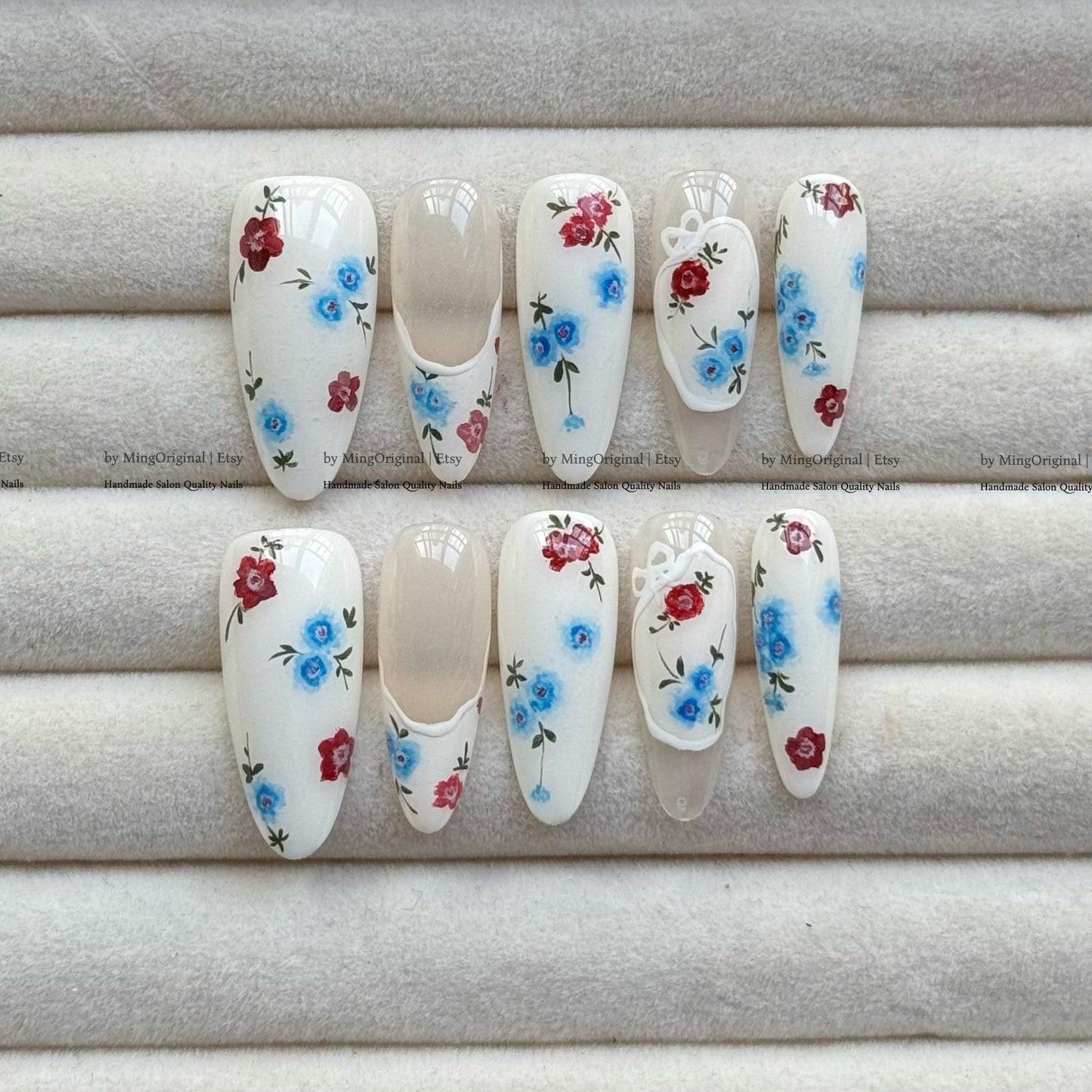 Handmade Floral Press On Nails, Red and Blue Flower Fake Nails, Luxury Custom Reusable Nails, Elegant French Tip Design, MO816