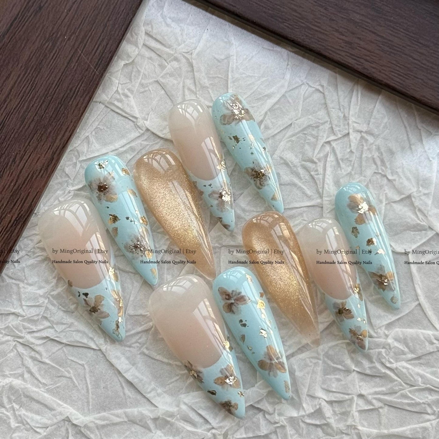 Handmade Sage Blue Floral Press On Nails, Luxury Gold Cat Eye & French Tip Nails, Reusable Glue On Nails, Spring Mani, MO817