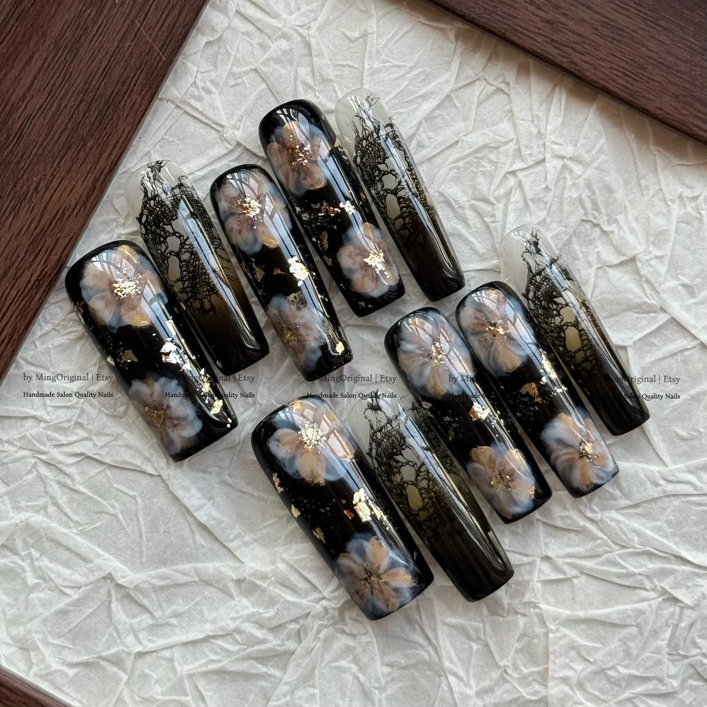 Gothic Black Floral Press On Nails, Luxury Lace Nail Art with Gold Foil, Dark Academia Fake Nails, Handmade Nails, Witchy Aesthetic, MO818