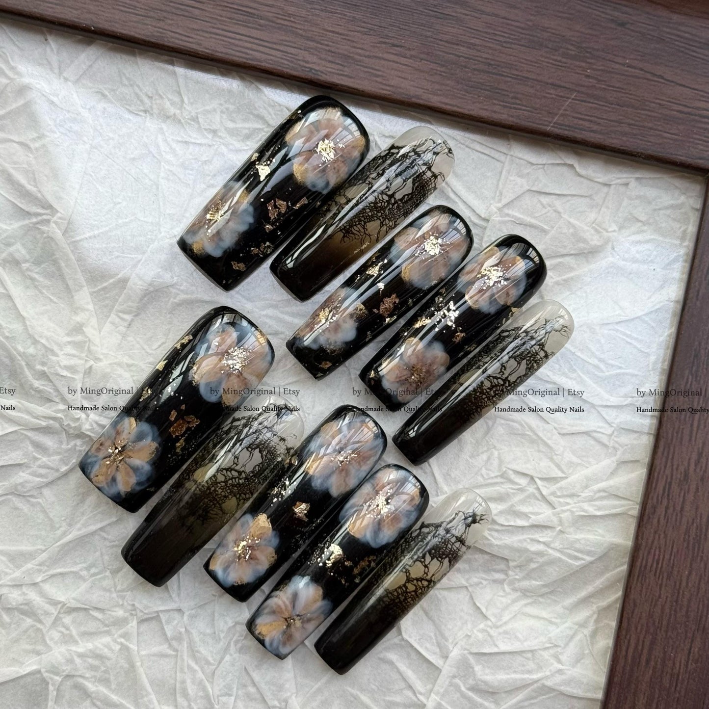Gothic Black Floral Press On Nails, Luxury Lace Nail Art with Gold Foil, Dark Academia Fake Nails, Handmade Nails, Witchy Aesthetic, MO818