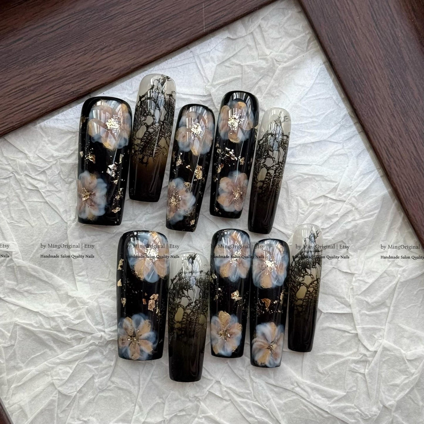 Gothic Black Floral Press On Nails, Luxury Lace Nail Art with Gold Foil, Dark Academia Fake Nails, Handmade Nails, Witchy Aesthetic, MO818