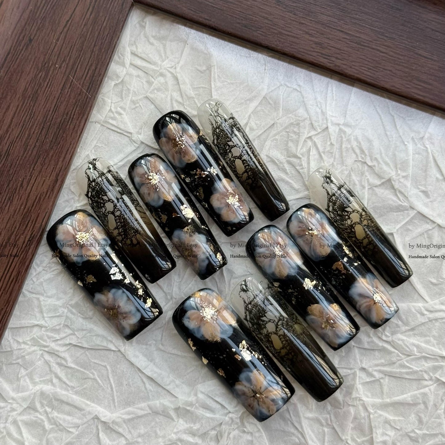 Gothic Black Floral Press On Nails, Luxury Lace Nail Art with Gold Foil, Dark Academia Fake Nails, Handmade Nails, Witchy Aesthetic, MO818