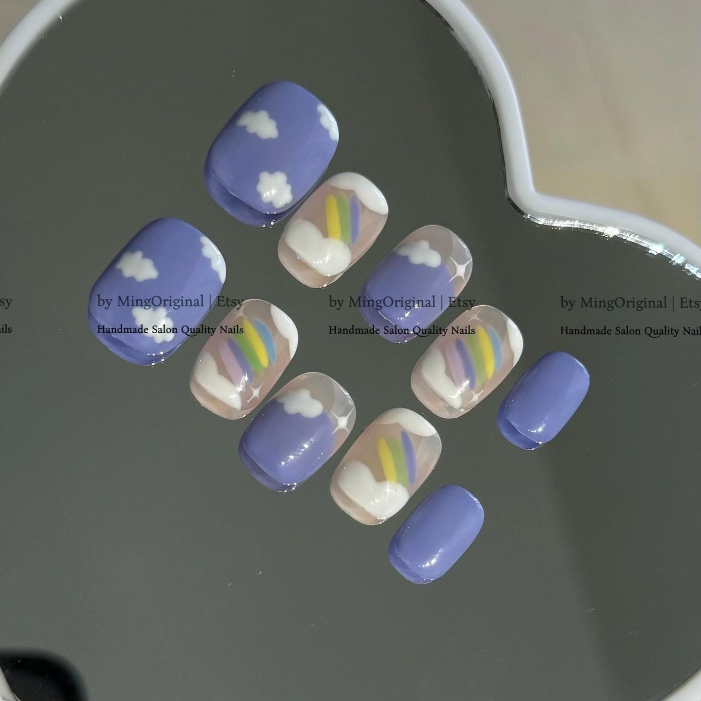 Pastel Periwinkle Cloud Press On Nails, Cute Rainbow & Star Nail Art, Soft Girl Aesthetic Fake Nails, Handmade Reusable Nails, MO819
