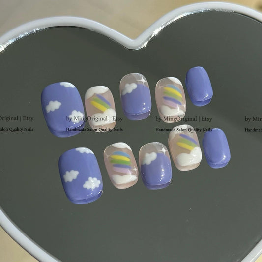 Pastel Periwinkle Cloud Press On Nails, Cute Rainbow & Star Nail Art, Soft Girl Aesthetic Fake Nails, Handmade Reusable Nails, MO819