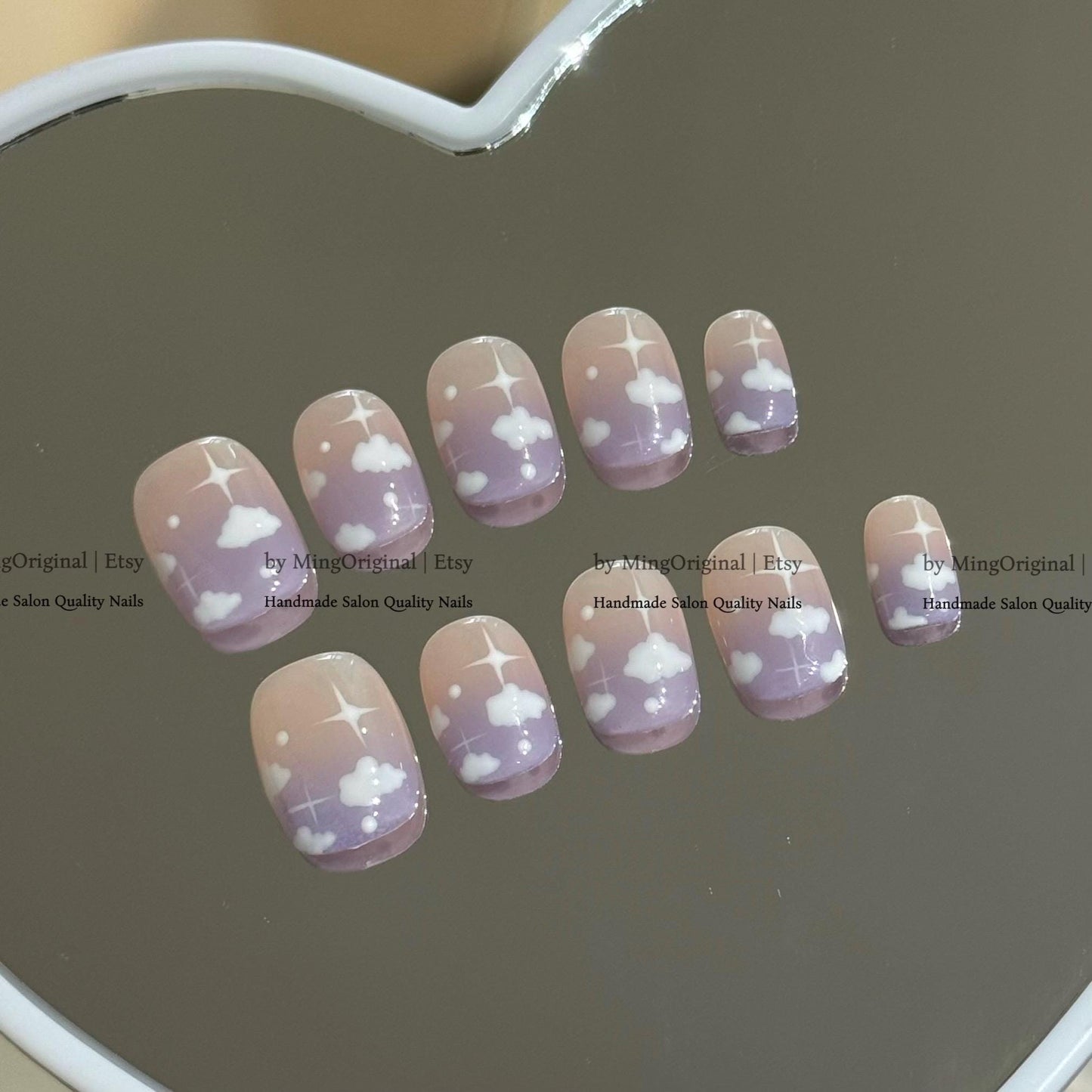 Starry Sky Press On Nails, Purple Ombre Cloud Nails, Dreamy Celestial Fake Nails, Handmade Galaxy Glue On Nail, MO820