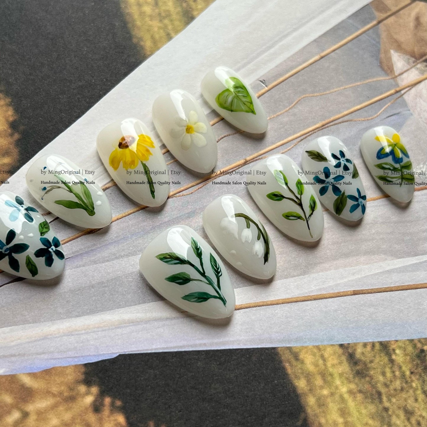 Hand Painted Floral Press On Nails, Botanical Garden Fake Nails, White Milky Base with Green Leaves &  sunflower, Reusable Nails,MO821