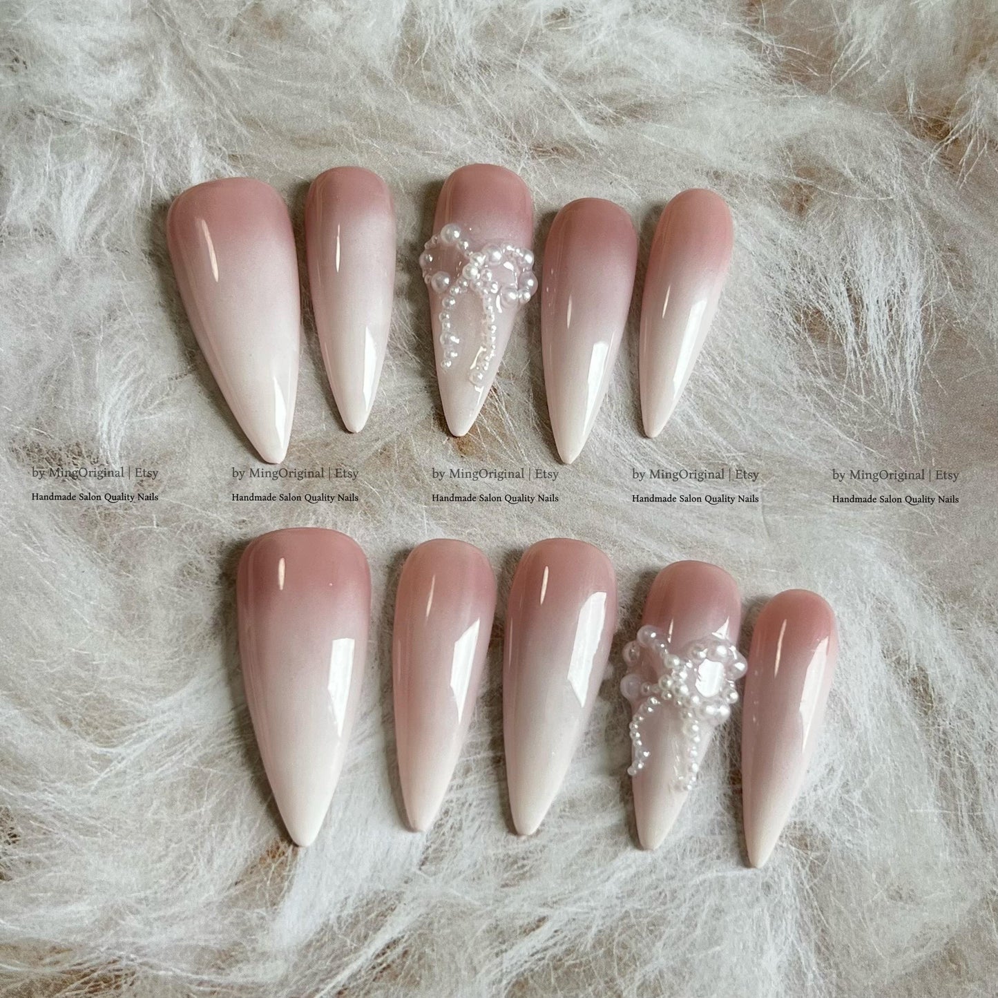 Pink Ombre Press On Nails with 3D Pearl Bow, Elegant Bridal Nails, Coquette Aesthetic Nails, Handpainted Gradient Fake Nails, MO822