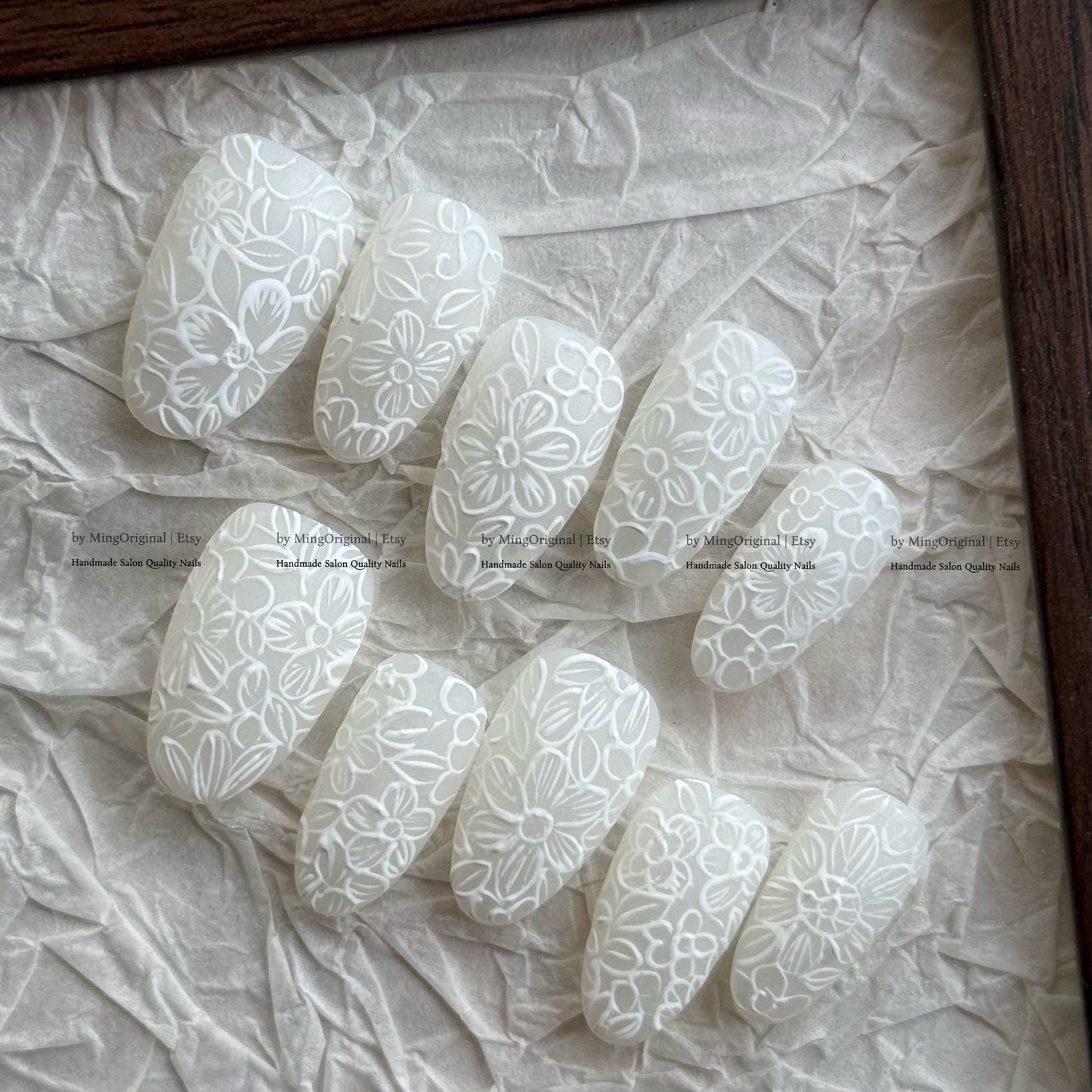 Bride Day 3D Embossed Floral Press On Nails, White Textured Flower Nail Art, Elegant Bridal Wedding Nail, Handmade Reusable Matte Nail,MO823