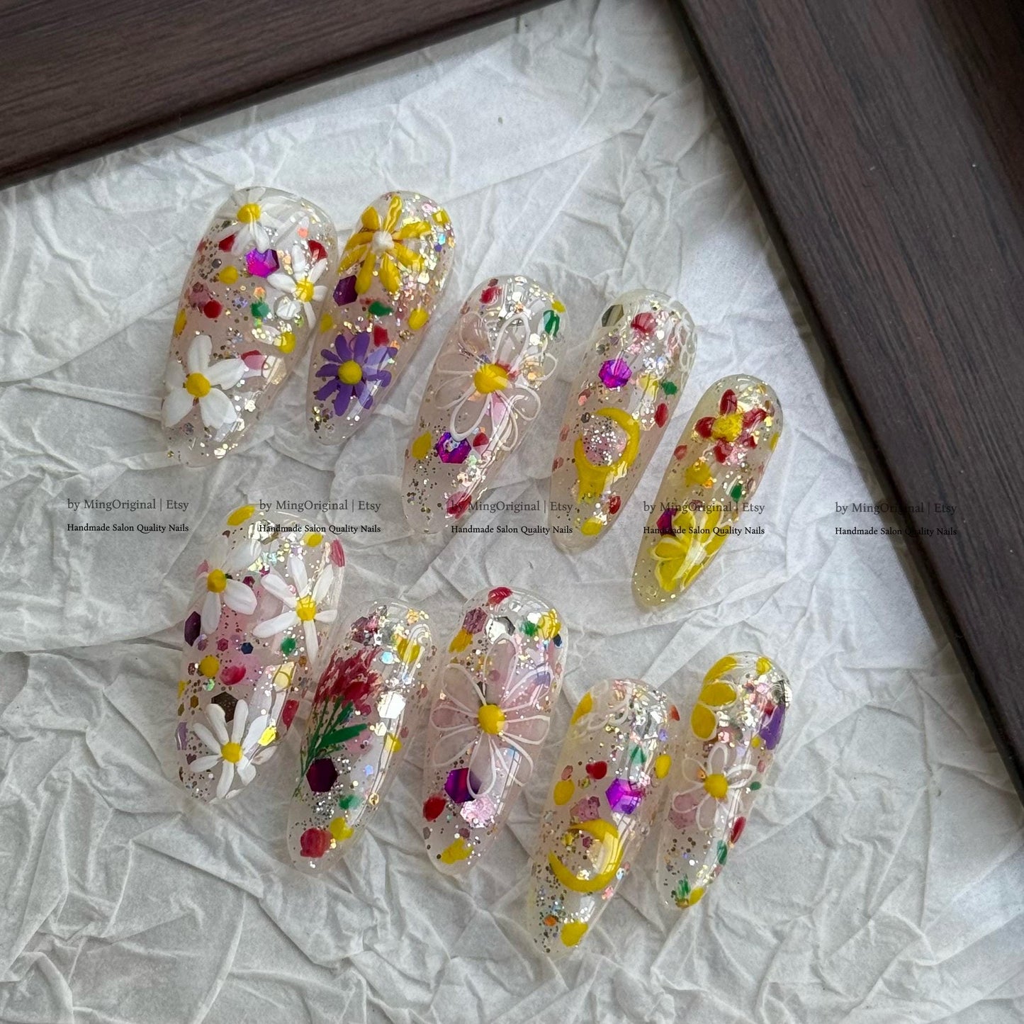 Colorful Glitter Floral Press On Nails, Hand Painted 3D Flower Nails, Sparkly Confetti Party Nails, Rainbow Summer False Nails, MO824