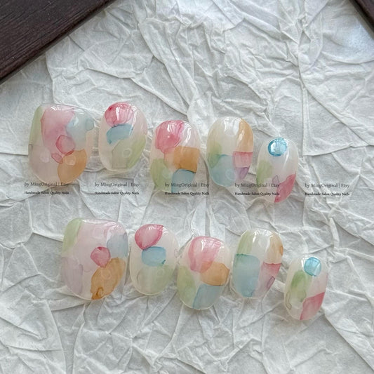 Pastel Watercolor Press On Nails, Soft Macaron Marble Nails, Handmade Abstract Nails, Dreamy Colorful Nails, Aesthetic Cute Nails, MO849