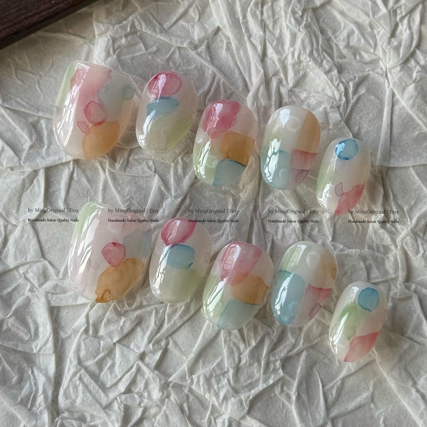 Pastel Watercolor Press On Nails, Soft Macaron Marble Nails, Handmade Abstract Nails, Dreamy Colorful Nails, Aesthetic Cute Nails, MO849