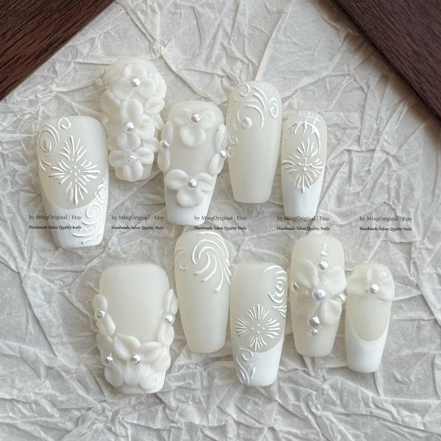 Bride Day White 3D Floral Press On Nails, Matte Milky White Bridal Nails, Handmade Embossed Flower Coffin Nails, Elegant Wedding Nails,MO825