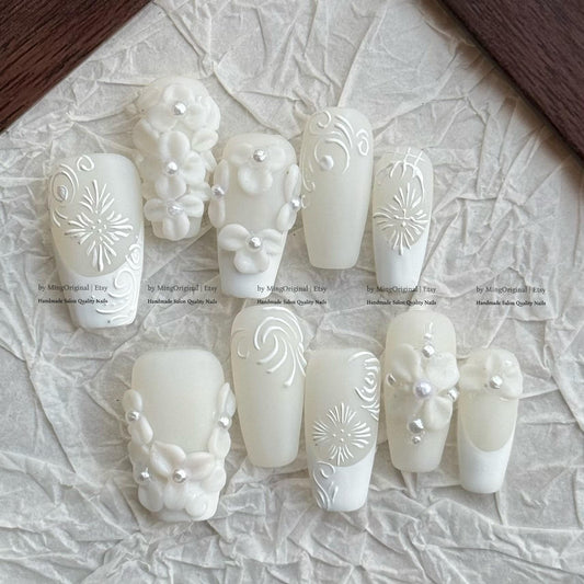Bride Day White 3D Floral Press On Nails, Matte Milky White Bridal Nails, Handmade Embossed Flower Coffin Nails, Elegant Wedding Nails,MO825