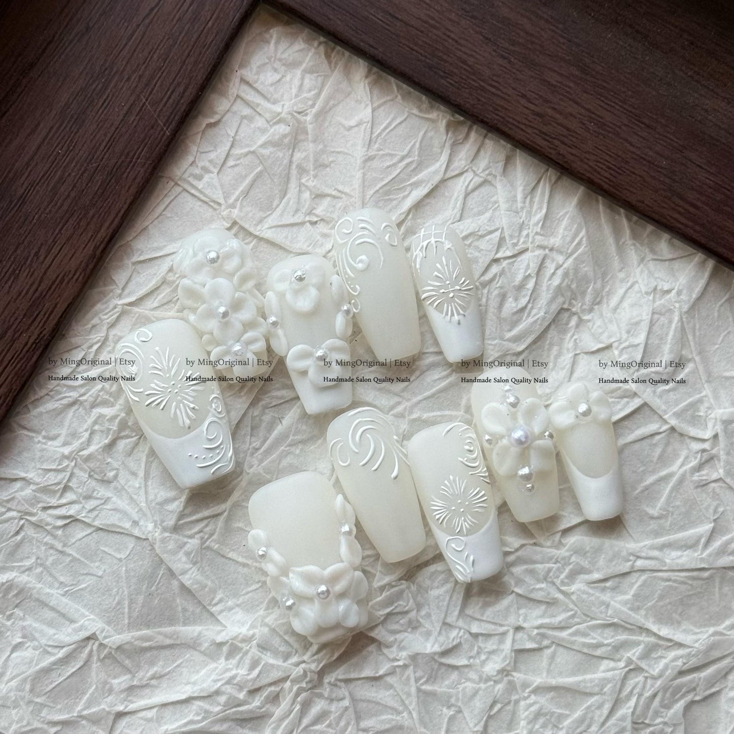 Bride Day White 3D Floral Press On Nails, Matte Milky White Bridal Nails, Handmade Embossed Flower Coffin Nails, Elegant Wedding Nails,MO825