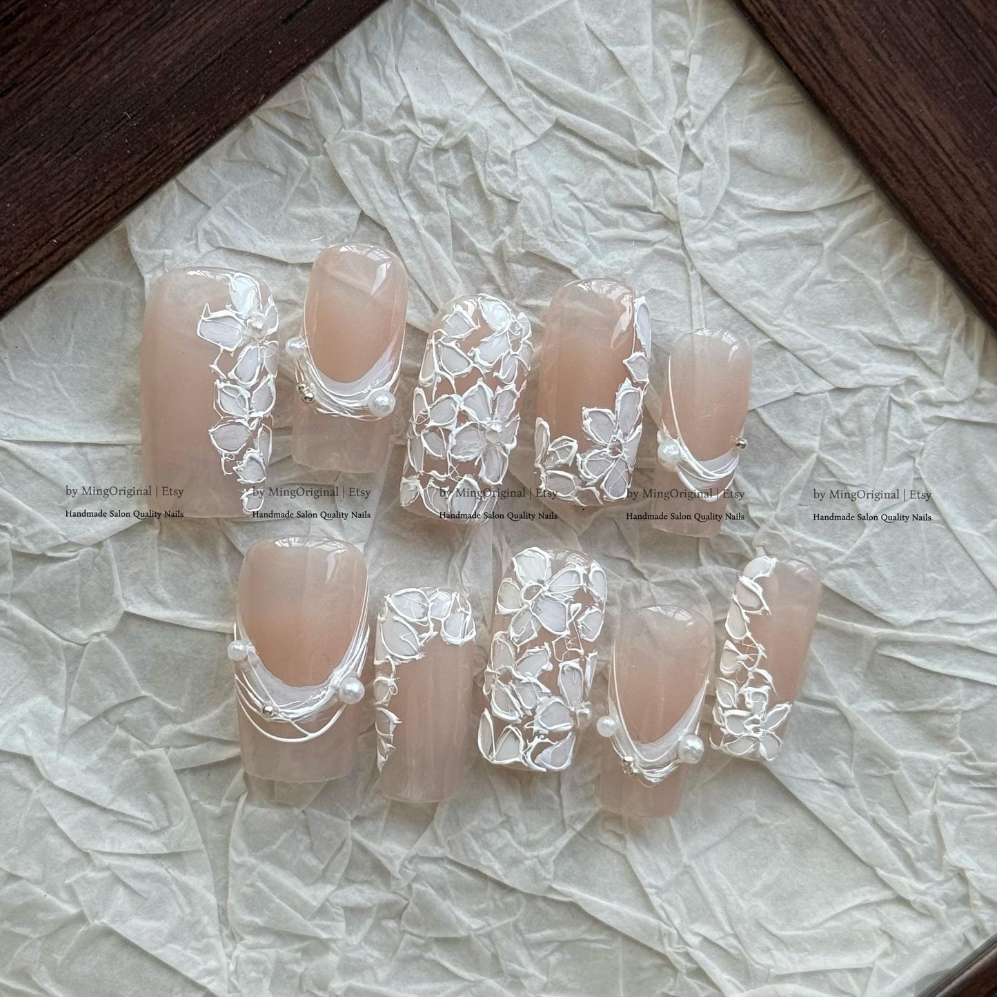 White Floral Press On Nails, Elegant Nude Nails, Handmade Embossed Flower Design, Wedding Bridal Nails, Textured Petal Nail Art, MO851