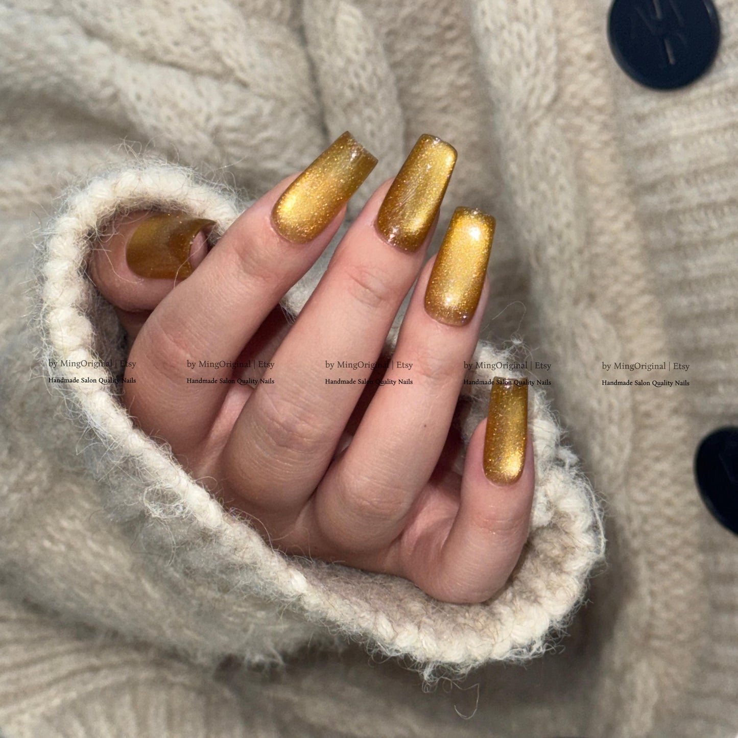 Gold Cat Eye Press-On Nails, Pink, Old Money Style, Rich Girl Vibe, Glue on Cat Eye Nails, Yellow Nails, Reusable Nails, MO845