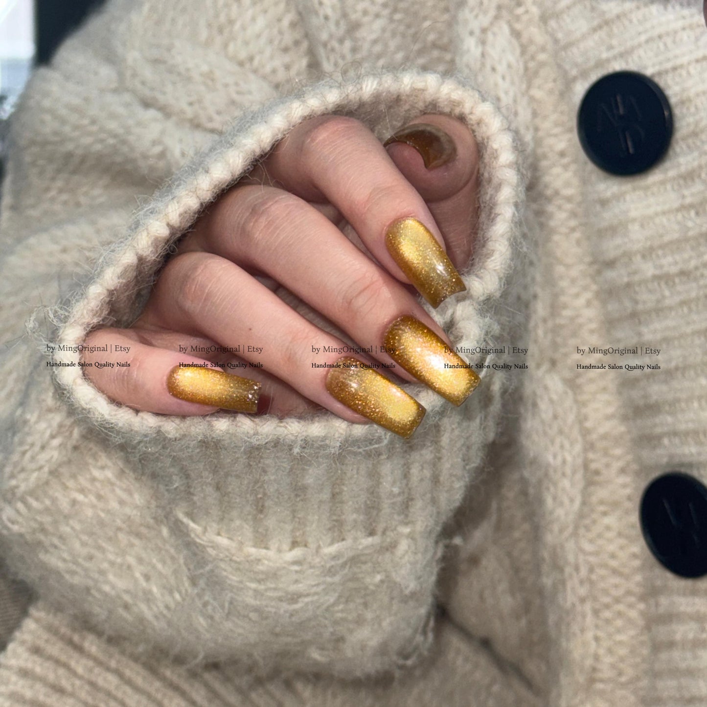 Gold Cat Eye Press-On Nails, Pink, Old Money Style, Rich Girl Vibe, Glue on Cat Eye Nails, Yellow Nails, Reusable Nails, MO845