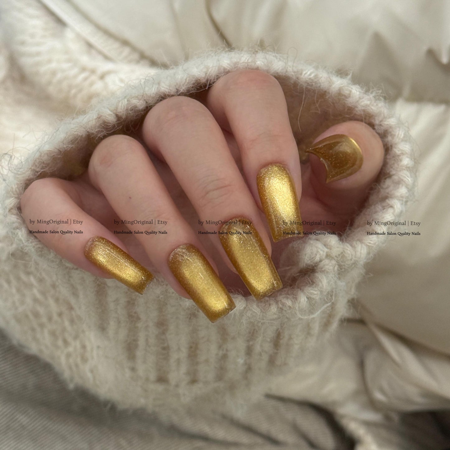 Gold Cat Eye Press-On Nails, Pink, Old Money Style, Rich Girl Vibe, Glue on Cat Eye Nails, Yellow Nails, Reusable Nails, MO845