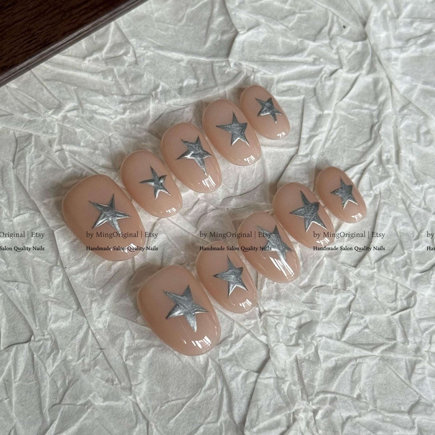 Silver star nude press on Nail, metallic chrome star nails, glue on nail, Holiday Fake Nails, Gifts for Her, MO827