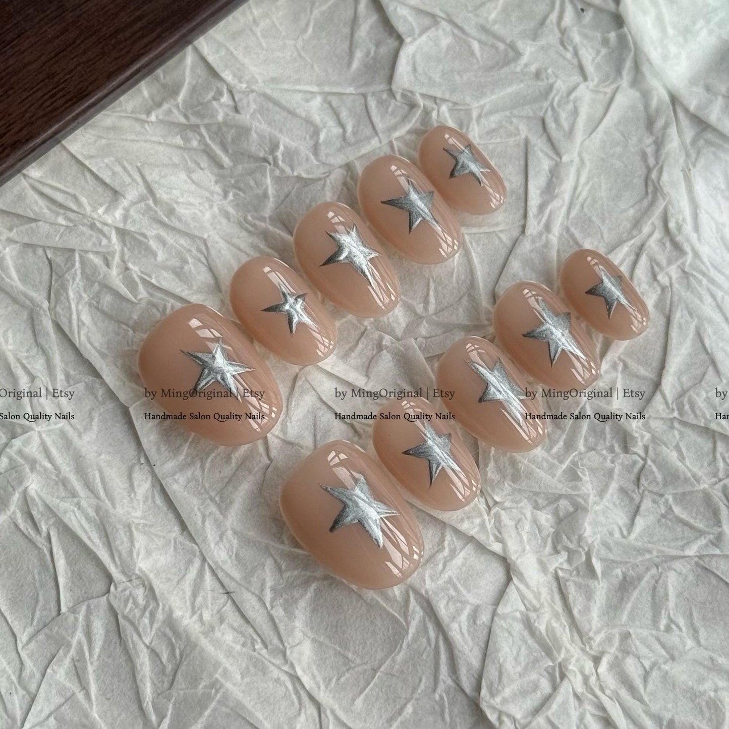 Silver star nude press on Nail, metallic chrome star nails, glue on nail, Holiday Fake Nails, Gifts for Her, MO827