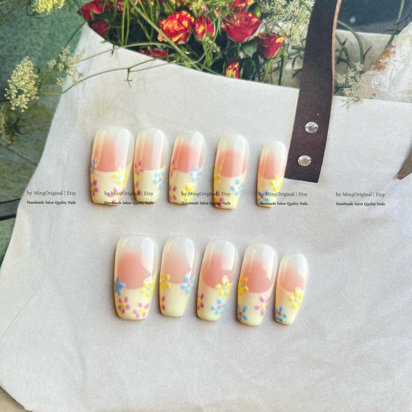 Hand Painted Flower French Tip Press On Nails, Pastel Floral Nails, Soft Yellow & Blue Daisy Fake Nails, Reusable Salon Quality Nail, MO828