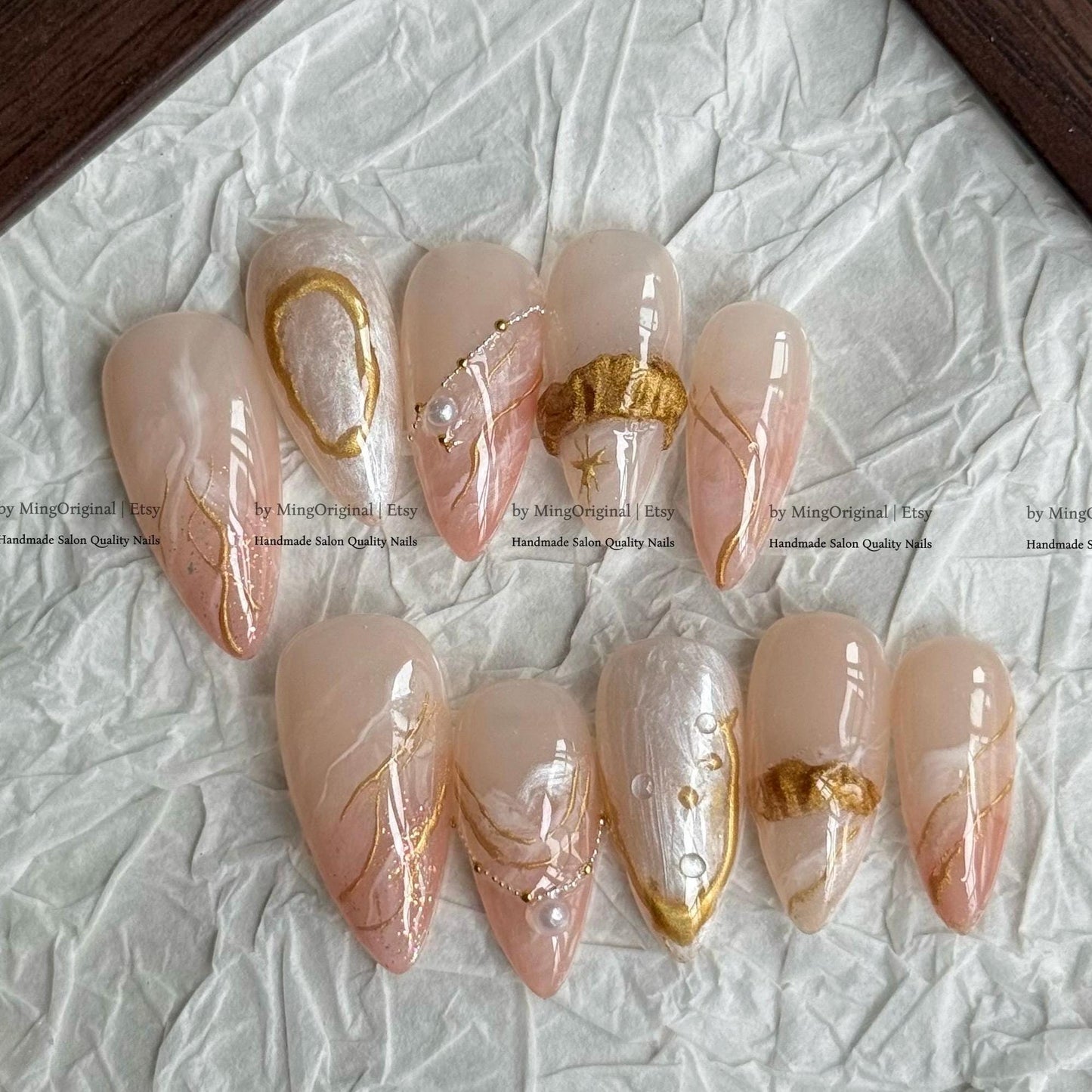 Romantic Gold 3D Embossed Press on Nails, Milky Pink Marble Handmade Nails, Elegant Pearl Accents, MO853
