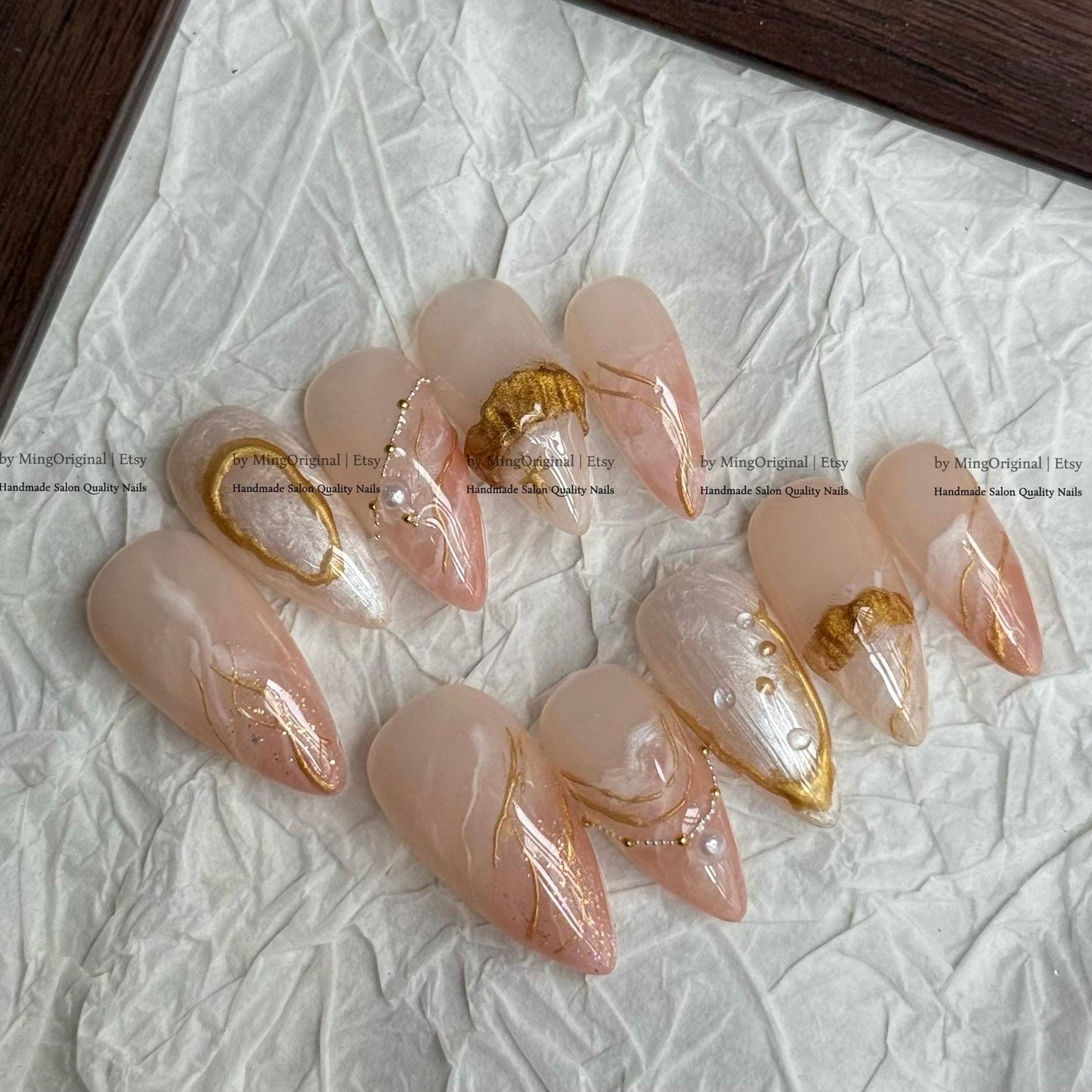 Romantic Gold 3D Embossed Press on Nails, Milky Pink Marble Handmade Nails, Elegant Pearl Accents, MO853