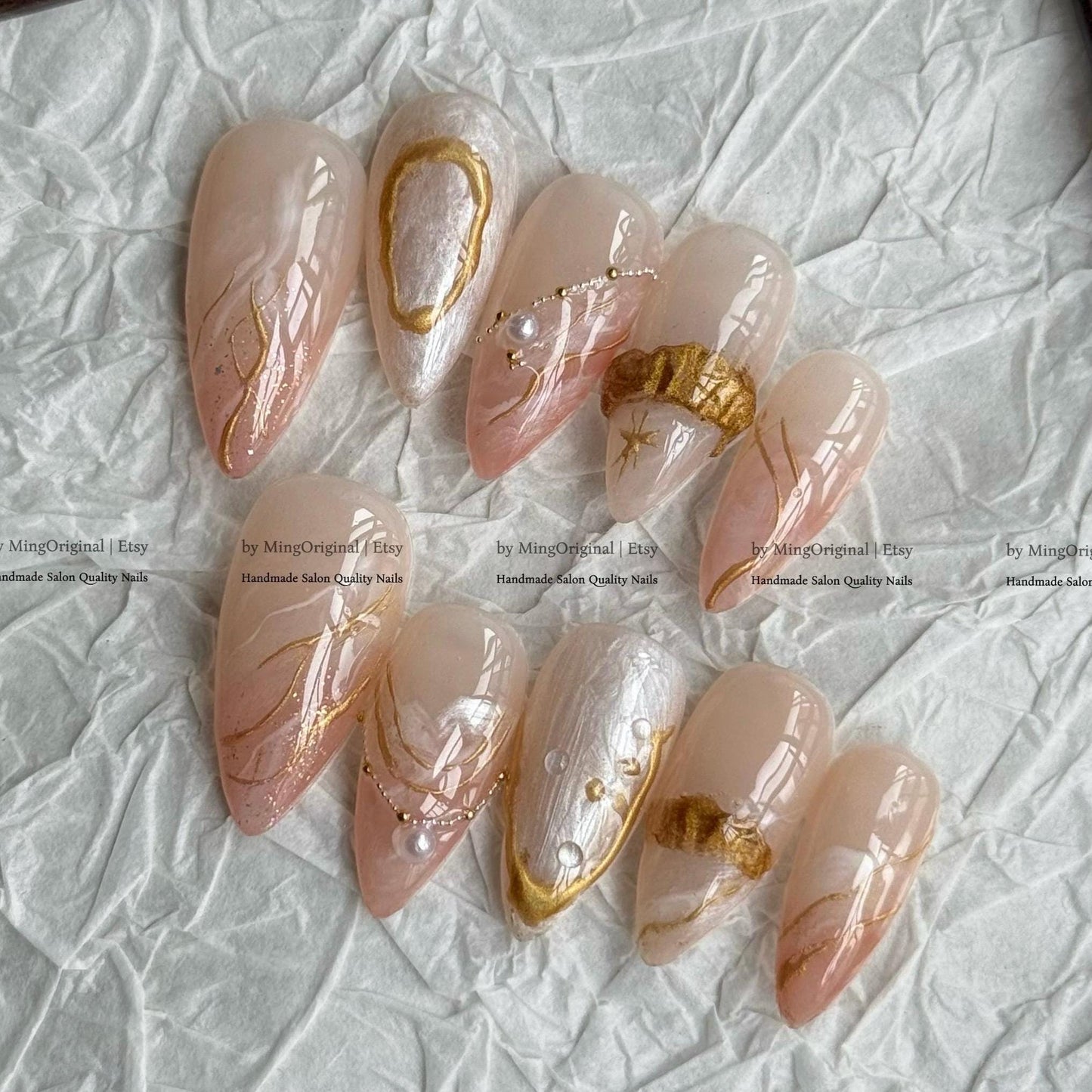 Romantic Gold 3D Embossed Press on Nails, Milky Pink Marble Handmade Nails, Elegant Pearl Accents, MO853