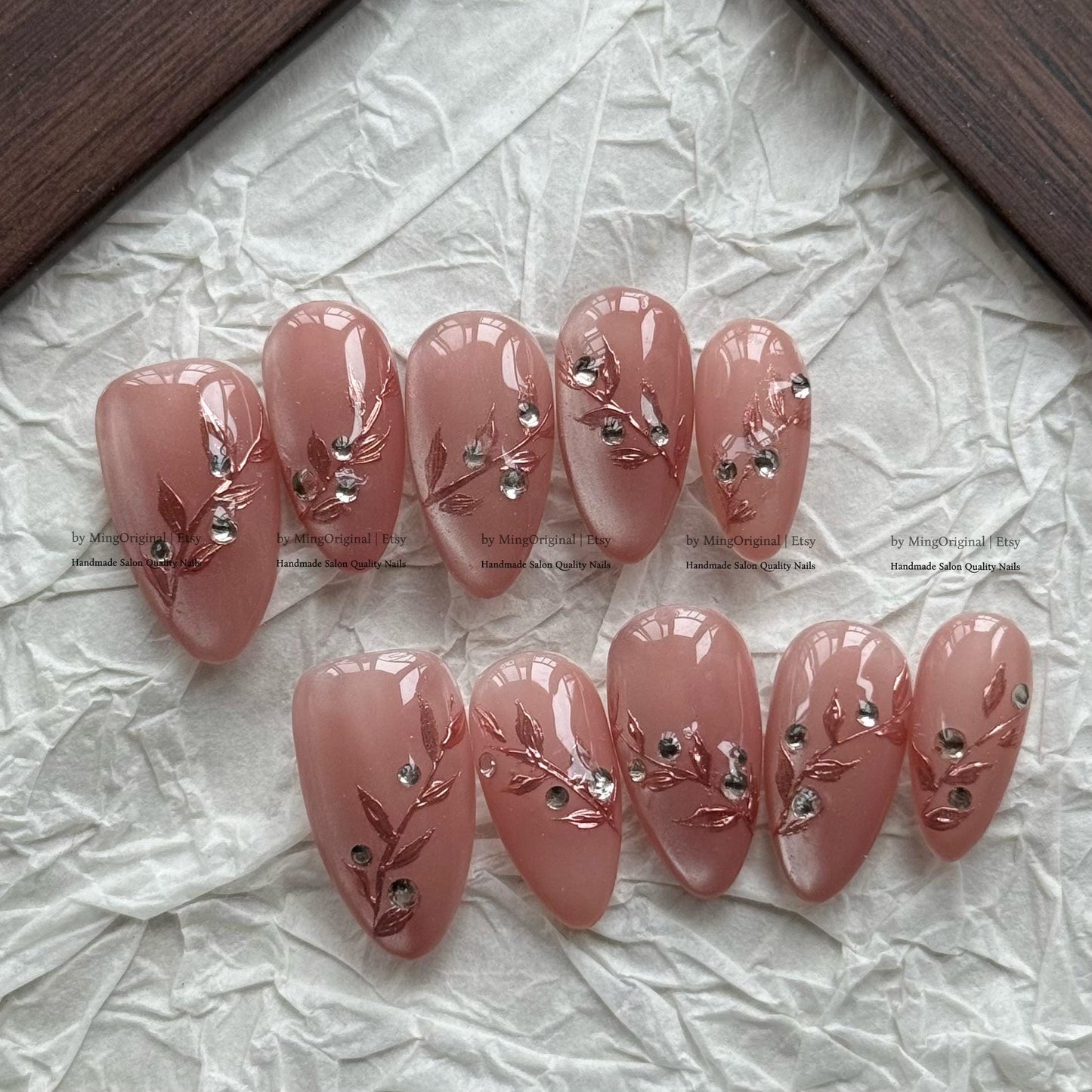 Mauve Cat Eye Press on Nails, 3D Rose Gold Leaf Accents, Handmade Floral Nails, MO854