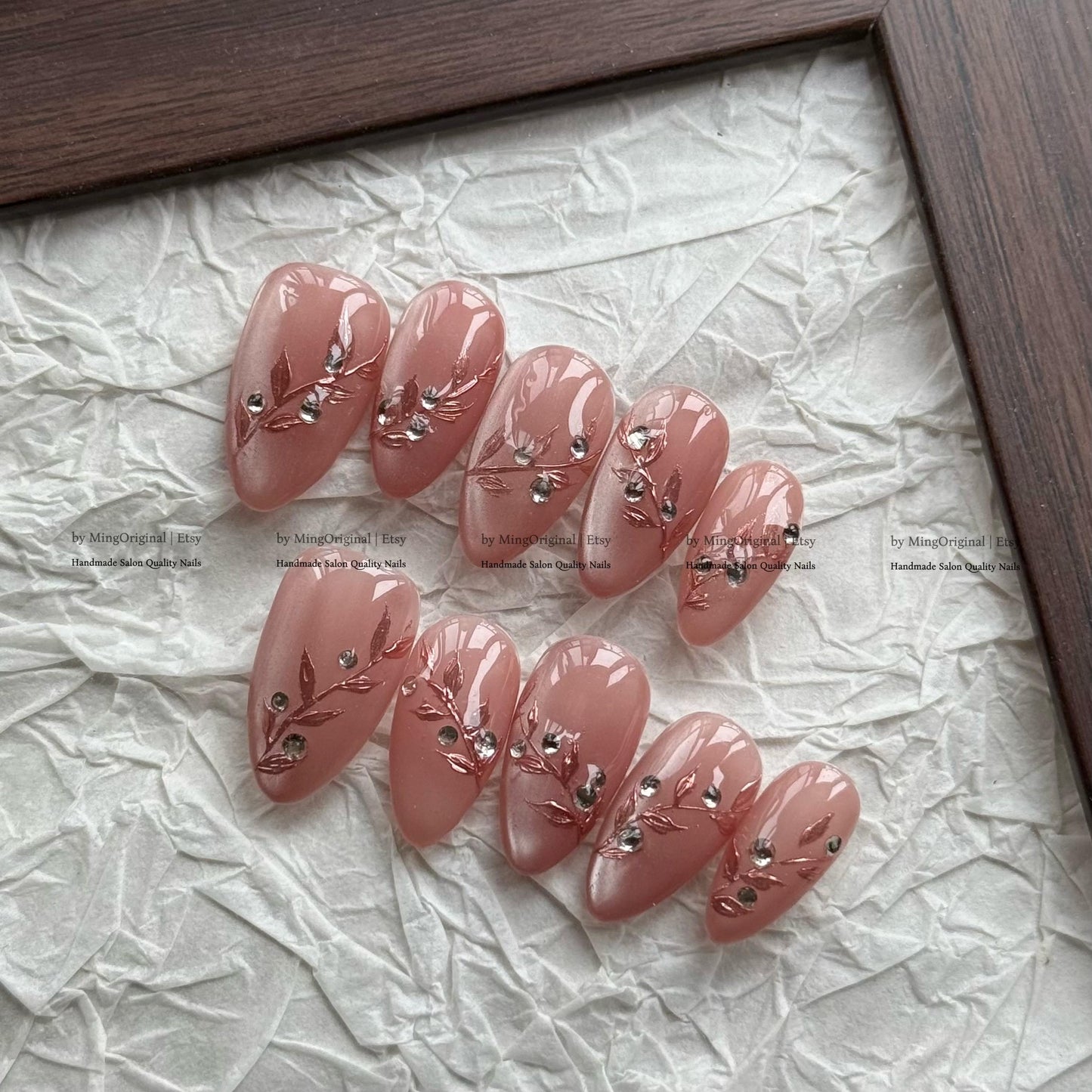 Mauve Cat Eye Press on Nails, 3D Rose Gold Leaf Accents, Handmade Floral Nails, MO854