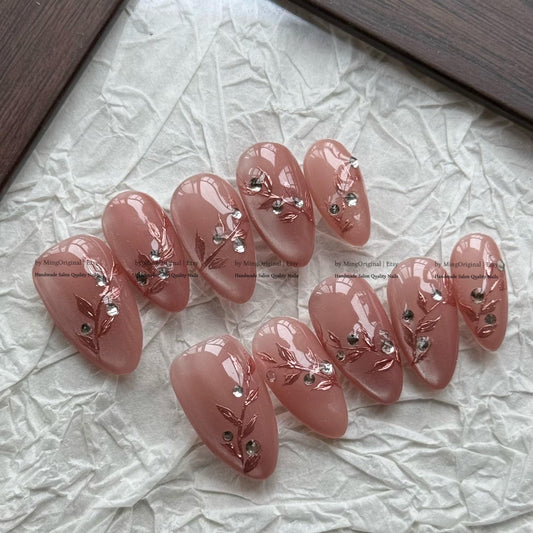 Mauve Cat Eye Press on Nails, 3D Rose Gold Leaf Accents, Handmade Floral Nails, MO854