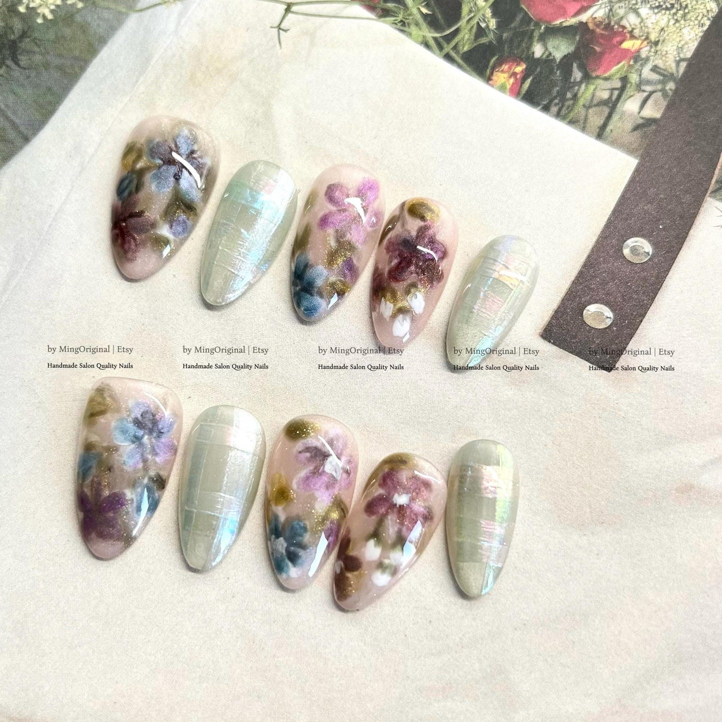 Hand Painted Floral Press On Nails, Iridescent Plaid Fake Nails, Vintage Oil Painting Nail Art, Moody Flower Shimmer, MO829
