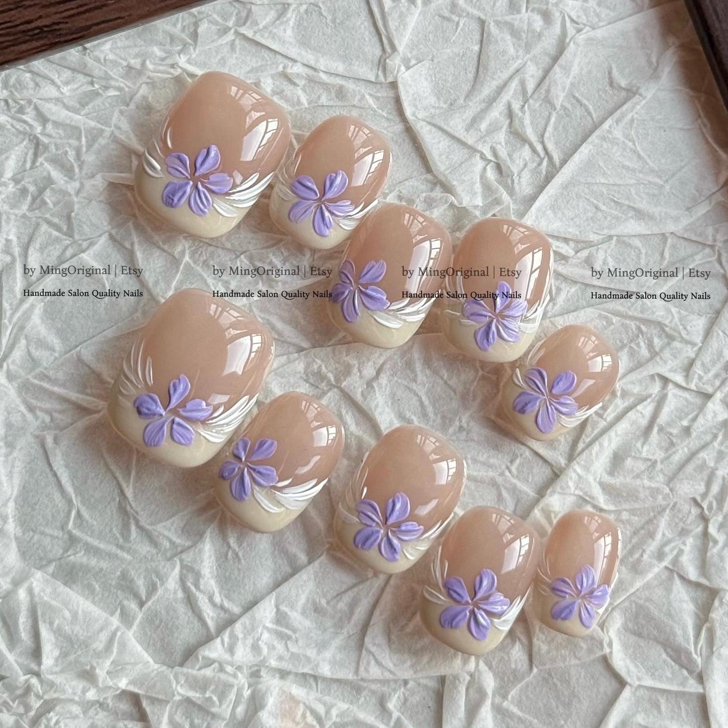 Blooming wild purple flower Press on Nails, handpainted oil painting style floral Nails, Handmade Gel Nails, bridal wedding nail,MO831