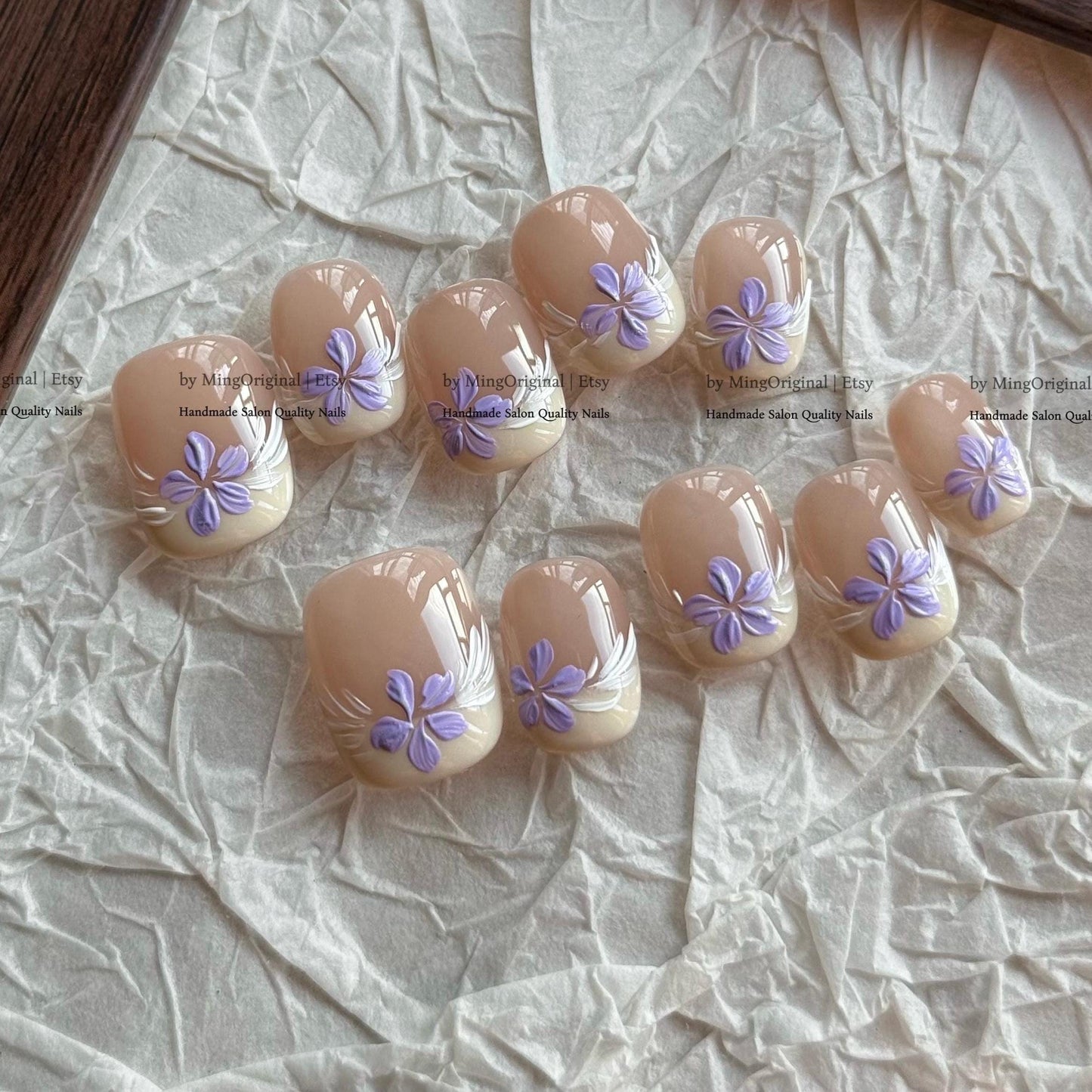 Blooming wild purple flower Press on Nails, handpainted oil painting style floral Nails, Handmade Gel Nails, bridal wedding nail,MO831