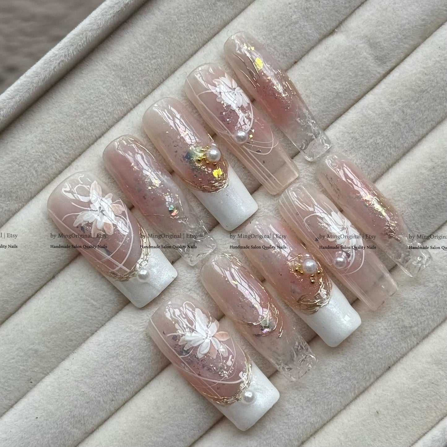 Romantic Fairy Press-On Nails, Handmade Nail Art with Pearls, Crystals Dreamy Details, gold foil accents ethereal design, MO832
