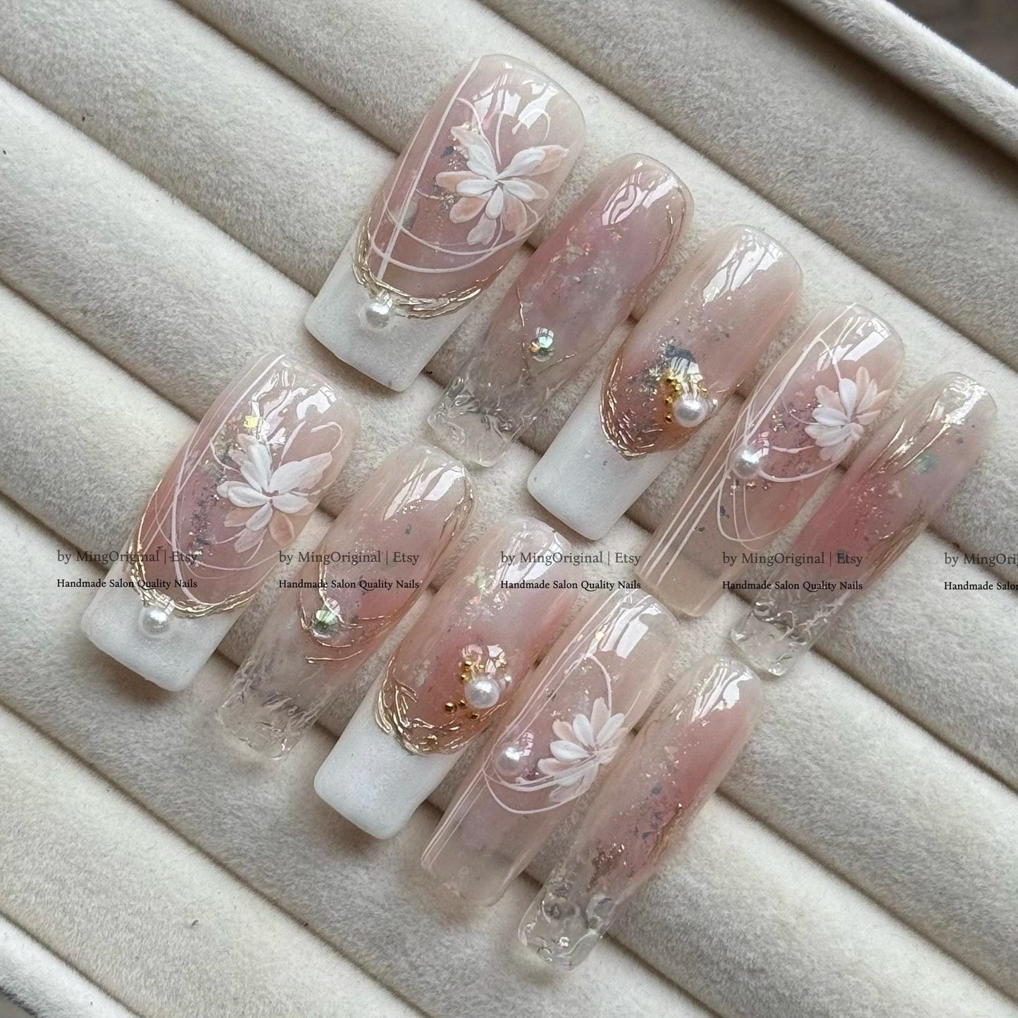 Romantic Fairy Press-On Nails, Handmade Nail Art with Pearls, Crystals Dreamy Details, gold foil accents ethereal design, MO832