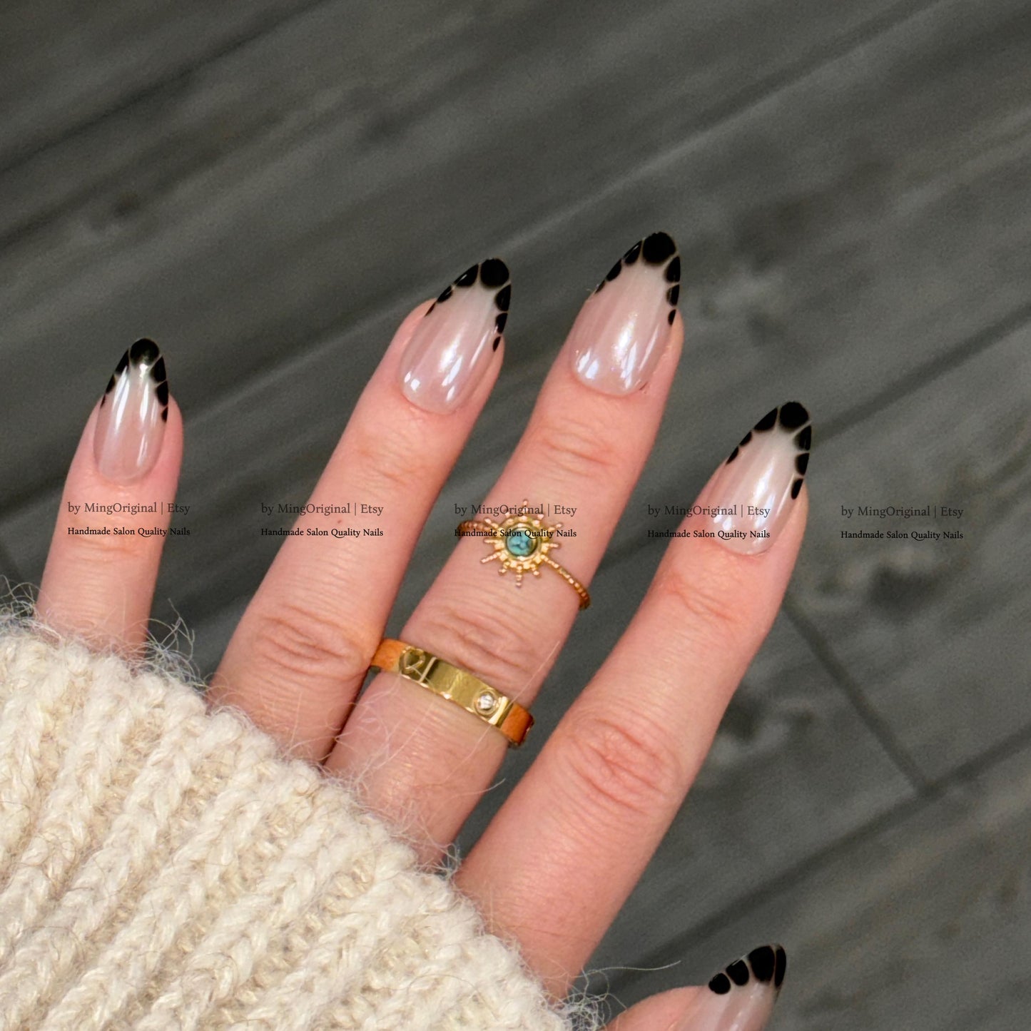 Black Crocodile French Tip Press On Nails, Glazed Donuts Shimmer Pearl Aura Nails,Handmade Croc Print Fake Nails, Iridescent Y2K Nails,MO826